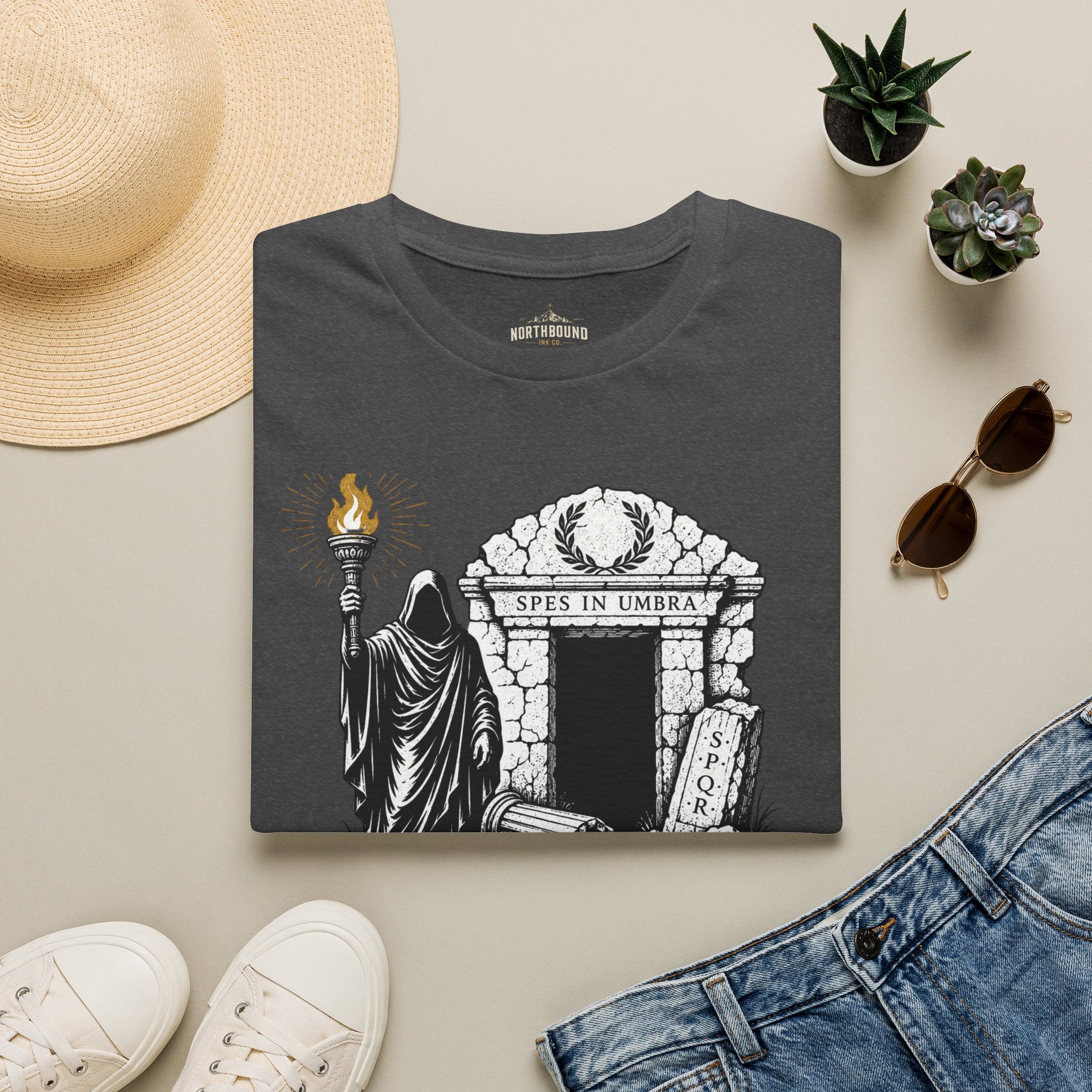 Gothic 'The Shadow Follows' T-Shirt — Cloaked Figure & Tombstone Design