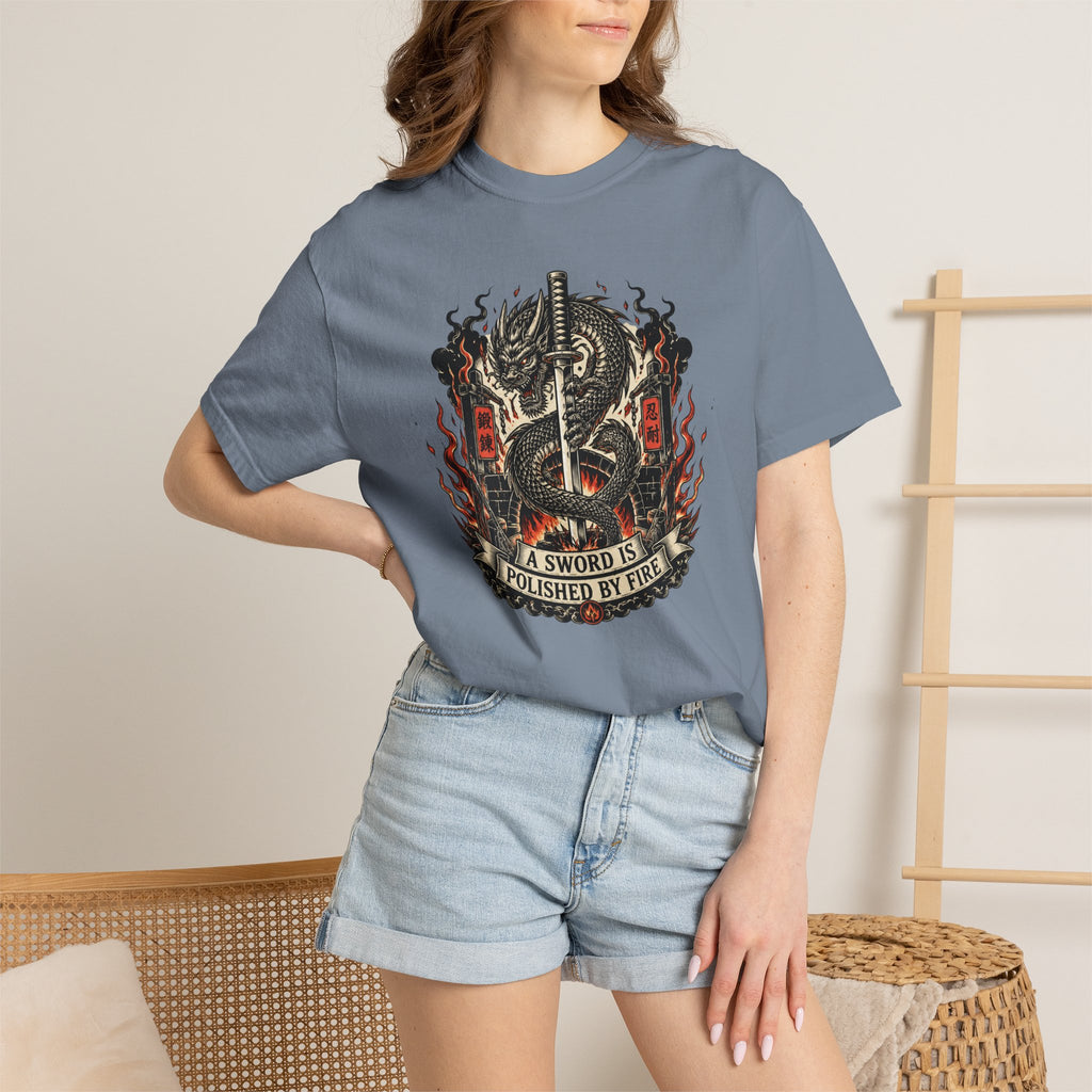 Sword & Flame Graphic T-Shirt — "A Sword Is Polished By Fire"