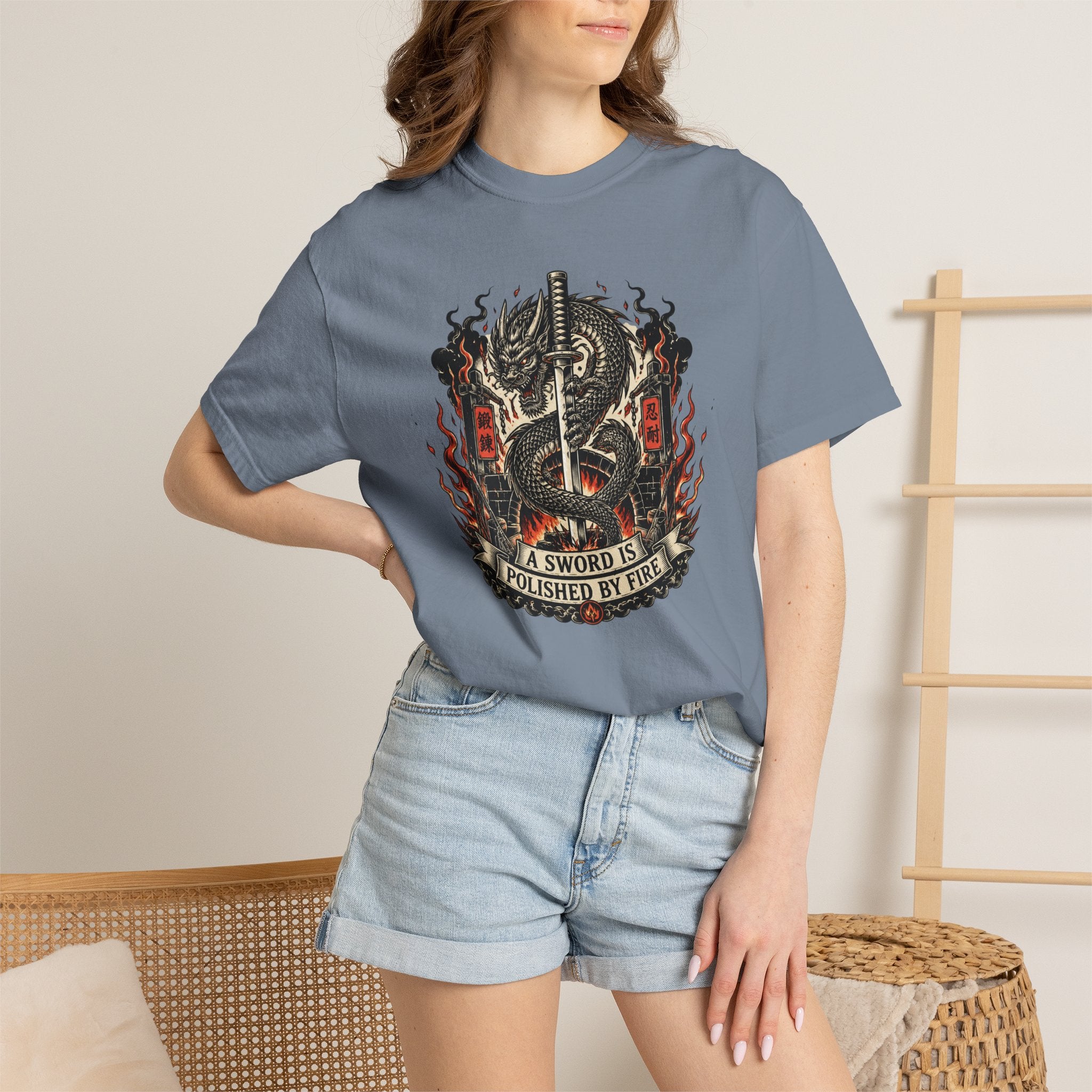 Sword & Flame Graphic T-Shirt — "A Sword Is Polished By Fire"
