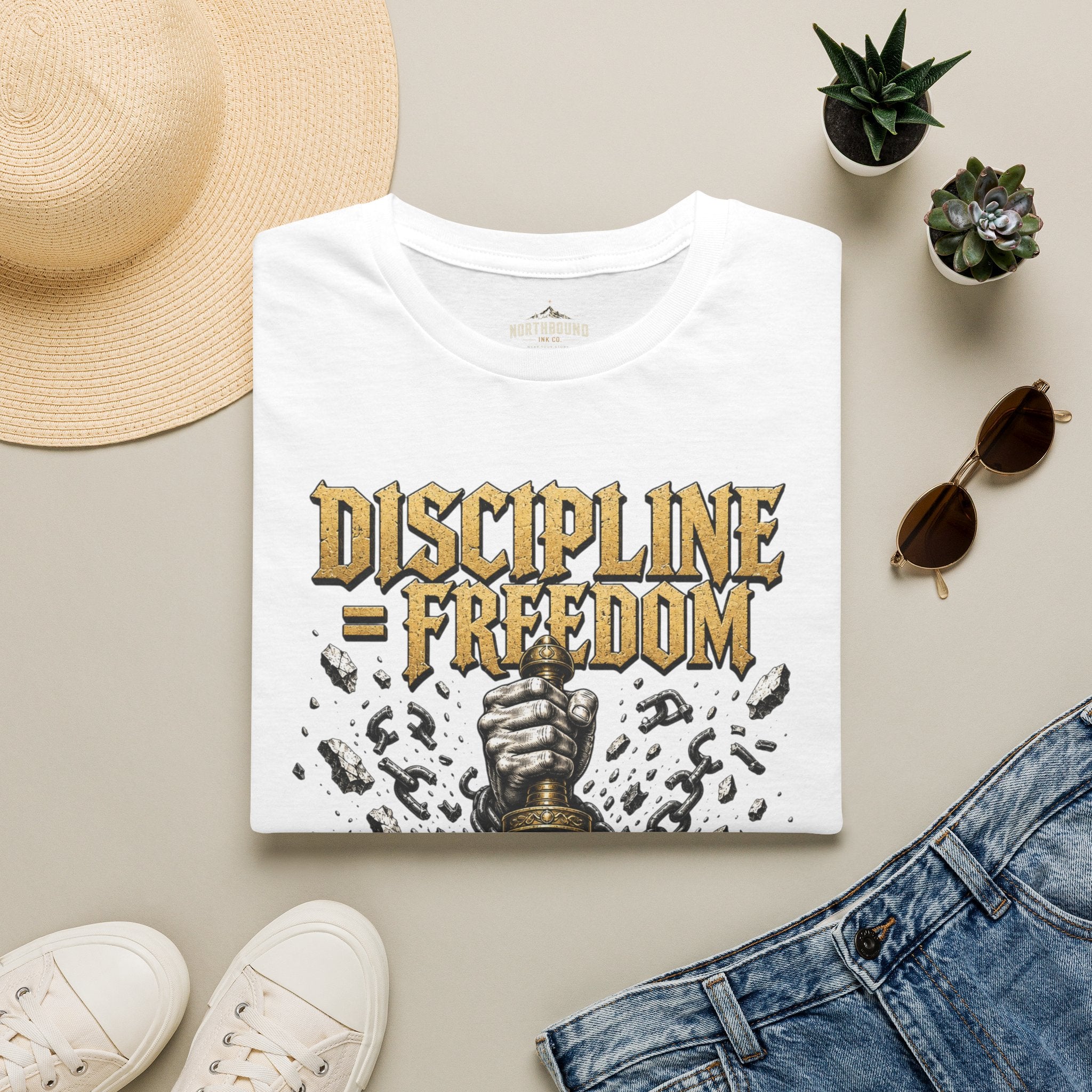 Discipline = Freedom T-Shirt — Motivational Sword & Fist Design
