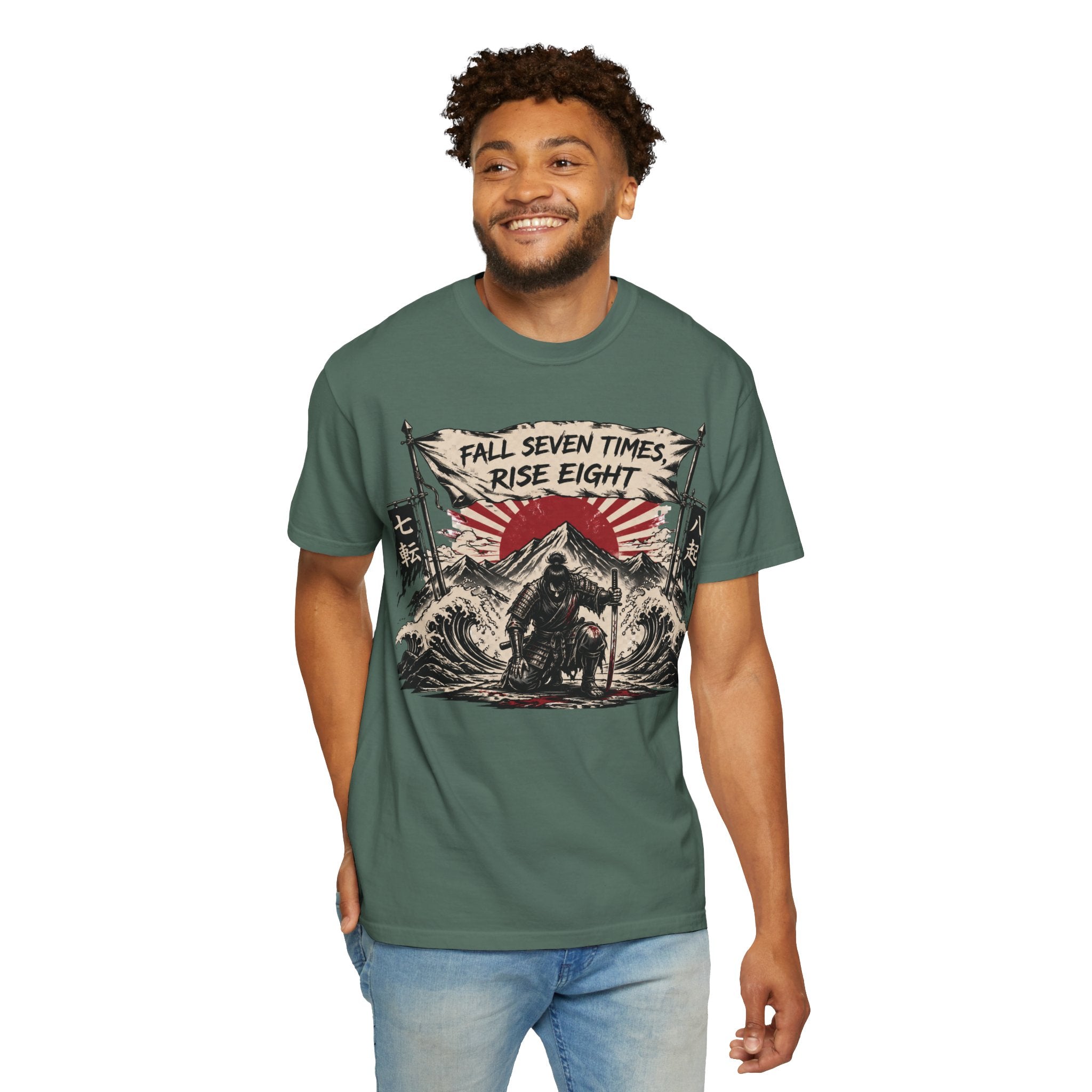 T-Shirt — "Fall Seven Times, Rise Eight" Samurai Graphic Tee