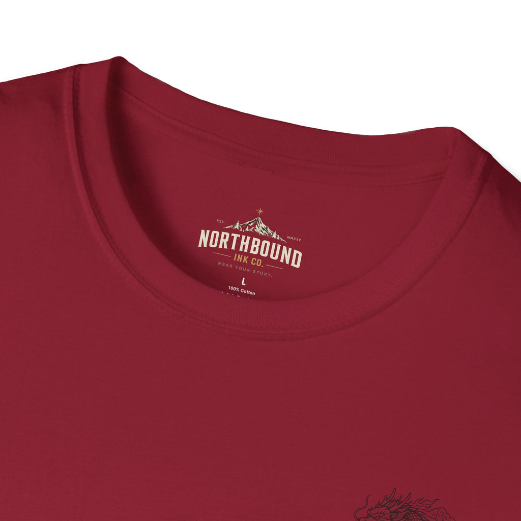 Dragon Crest Pocket T-Shirt — Small Intricate Dragon Chest Graphic