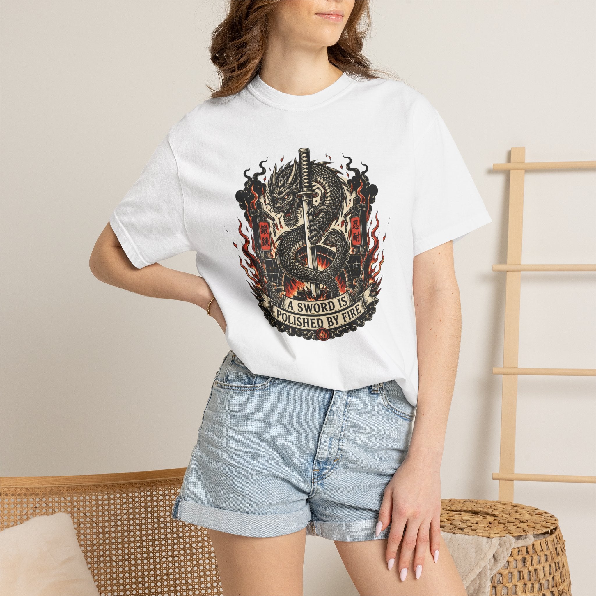 Sword & Flame Graphic T-Shirt — "A Sword Is Polished By Fire"