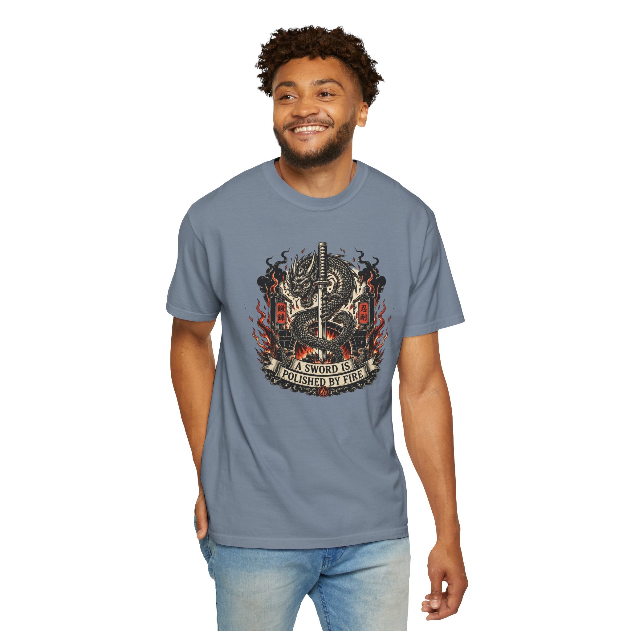 Sword & Flame Graphic T-Shirt — "A Sword Is Polished By Fire"