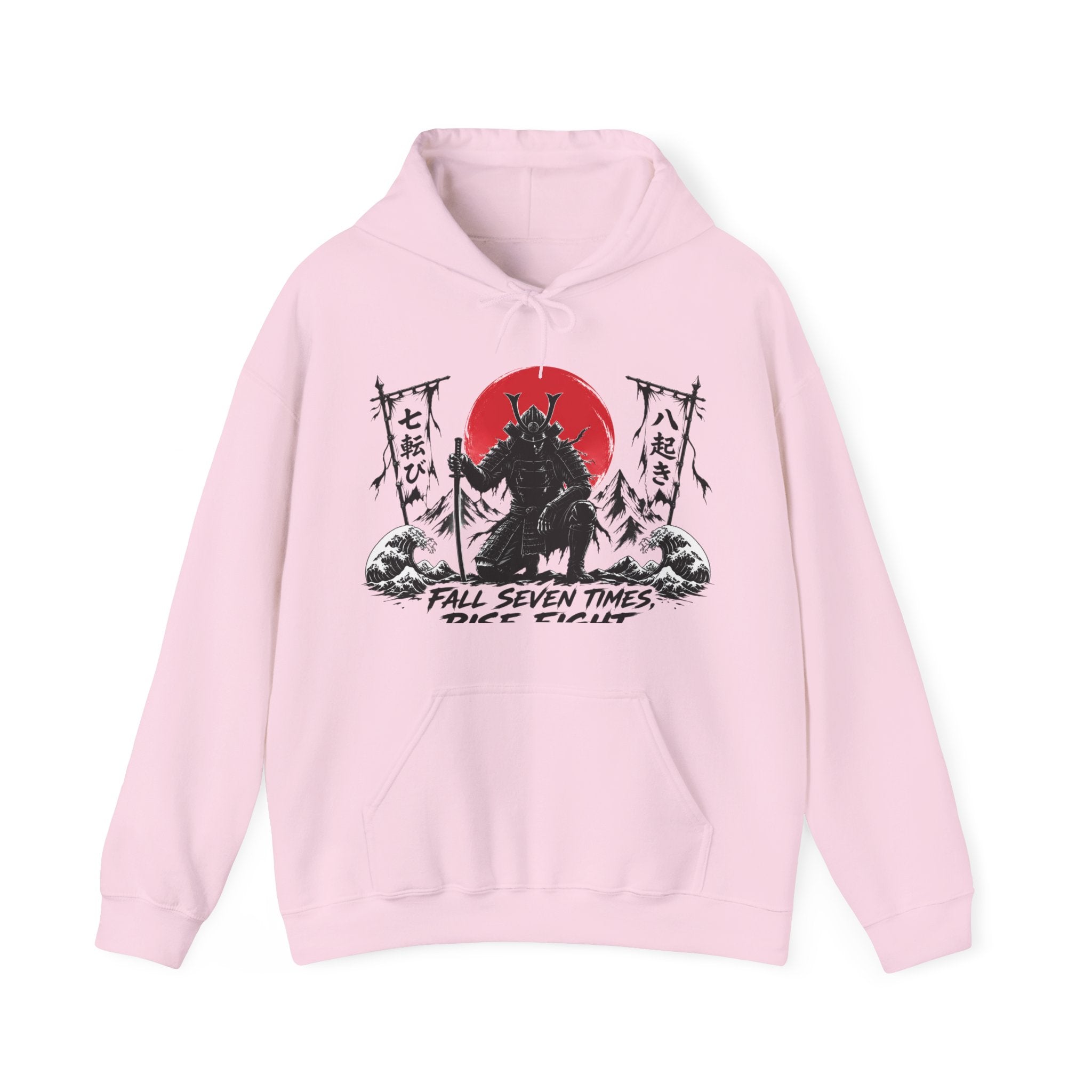 Hoodie — Samurai Wolf Graphic "Fall Seven Times, Rise Eight" Japanese Sunrise