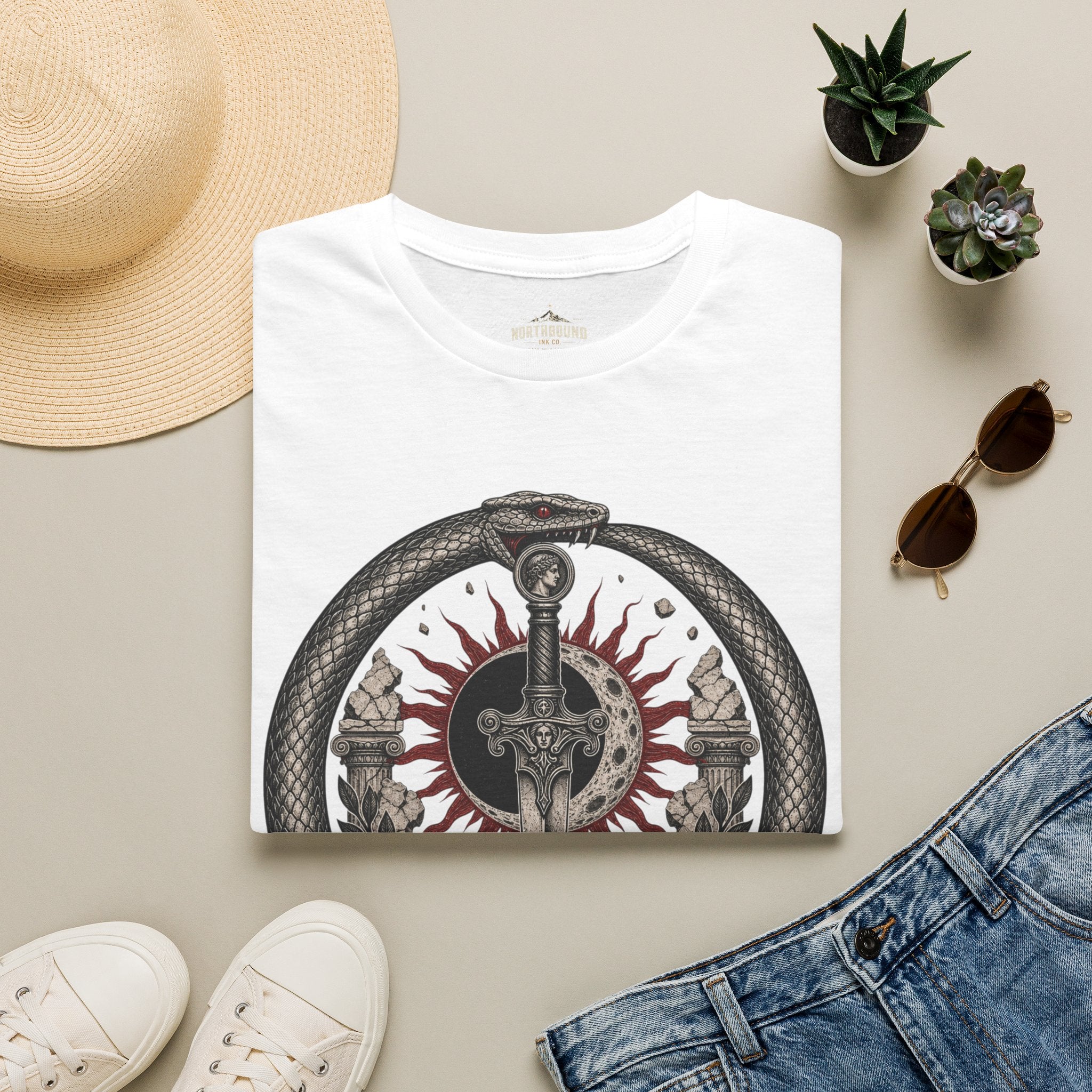 Amor Fati Sword T-Shirt — Sun & Ouroboros Graphic Tee