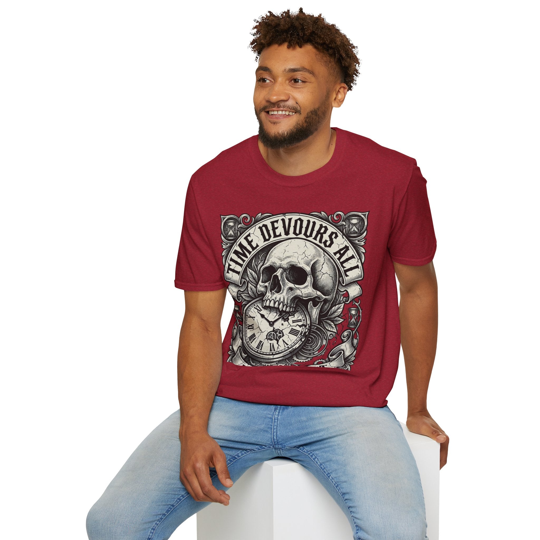Time Devours All Skull T-Shirt – Vintage Gothic Skull & Pocket Watch Tee