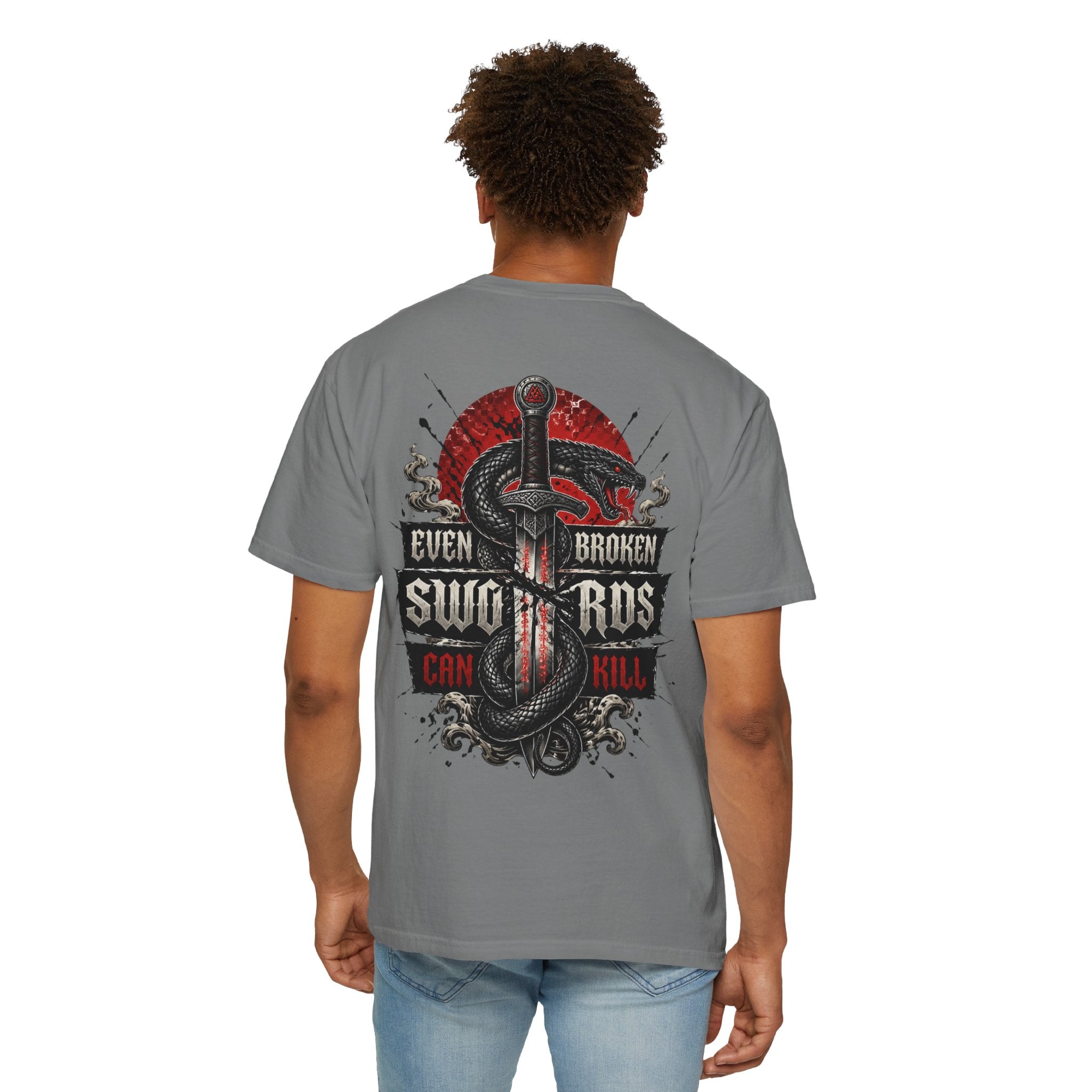 Graphic T-Shirt — "Even Broken Swords Can Kill" Snake & Dagger Back Print