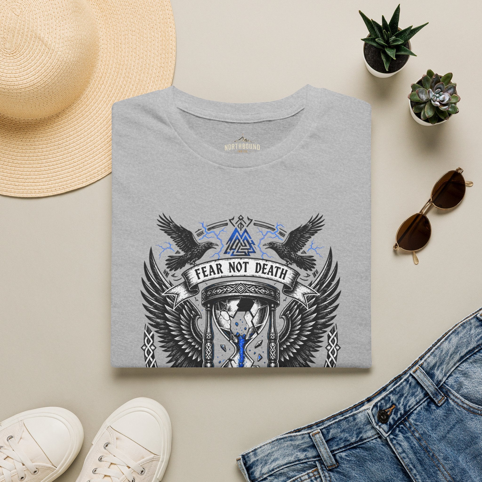 Fear Not Death T‑Shirt — Viking Hourglass Shield Design