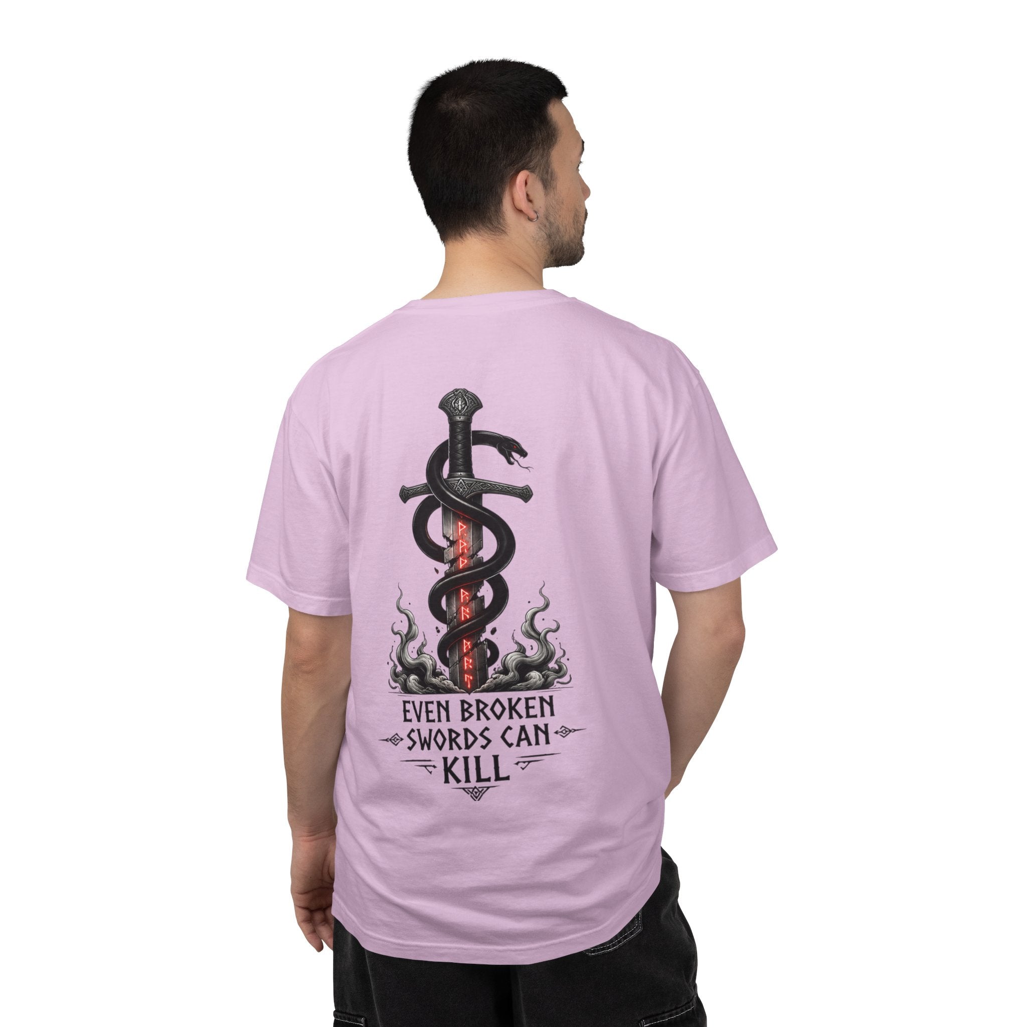 Graphic T-Shirt — 'Even Broken Swords Can Kill' Snake & Sword Back Print