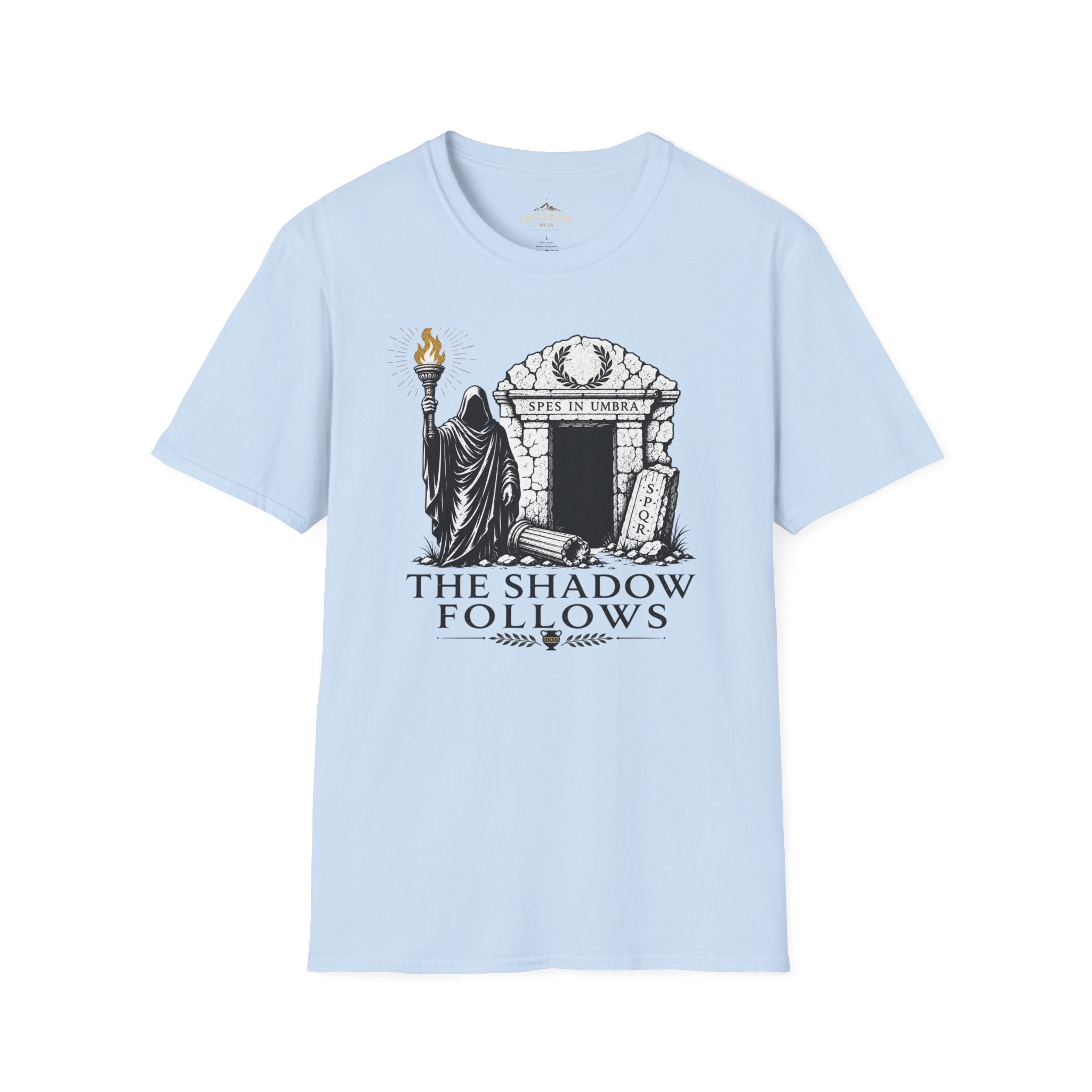 Gothic 'The Shadow Follows' T-Shirt — Cloaked Figure & Tombstone Design