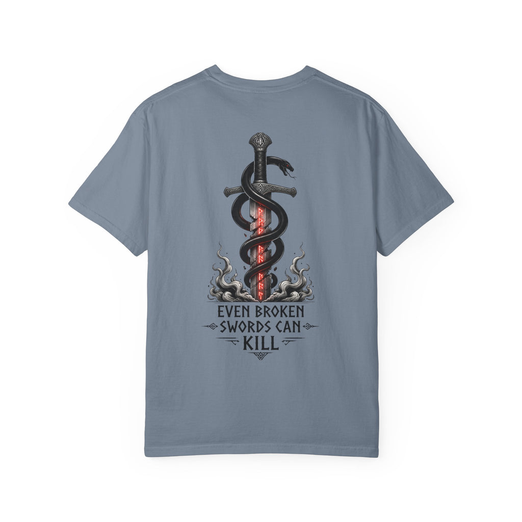 Graphic T-Shirt — 'Even Broken Swords Can Kill' Snake & Sword Back Print
