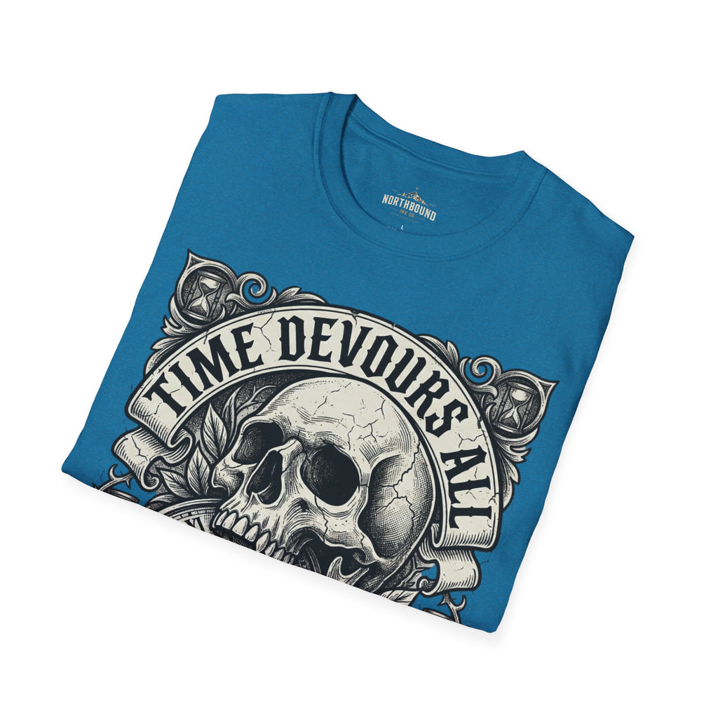 Time Devours All Skull T-Shirt – Vintage Gothic Skull & Pocket Watch Tee