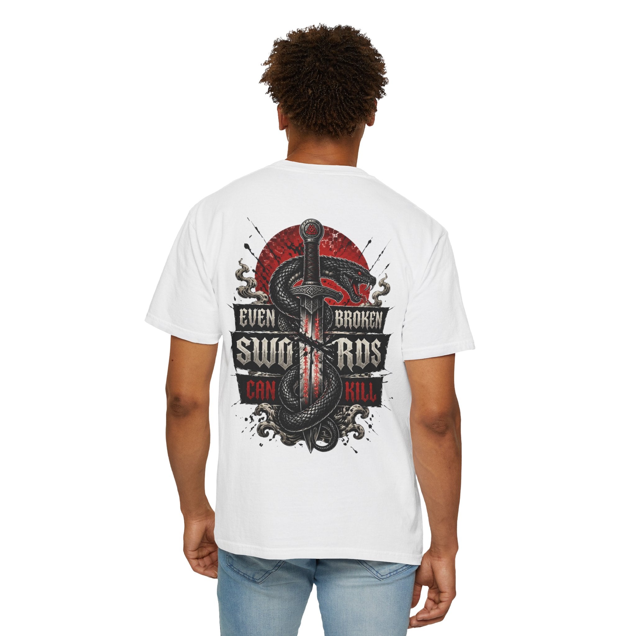 Graphic T-Shirt — "Even Broken Swords Can Kill" Snake & Dagger Back Print