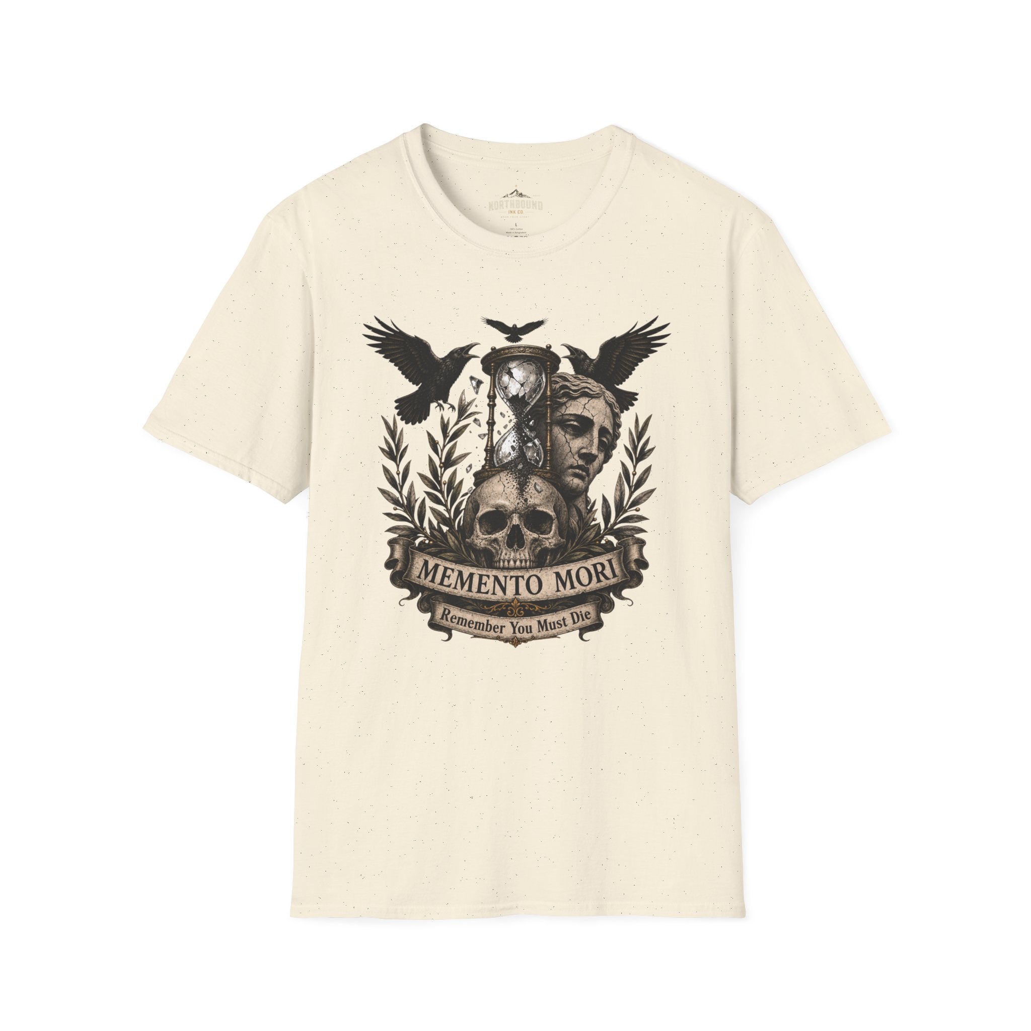 Memento Mori T-Shirt — Hourglass Statue & Ravens Vintage Death Awareness Tee