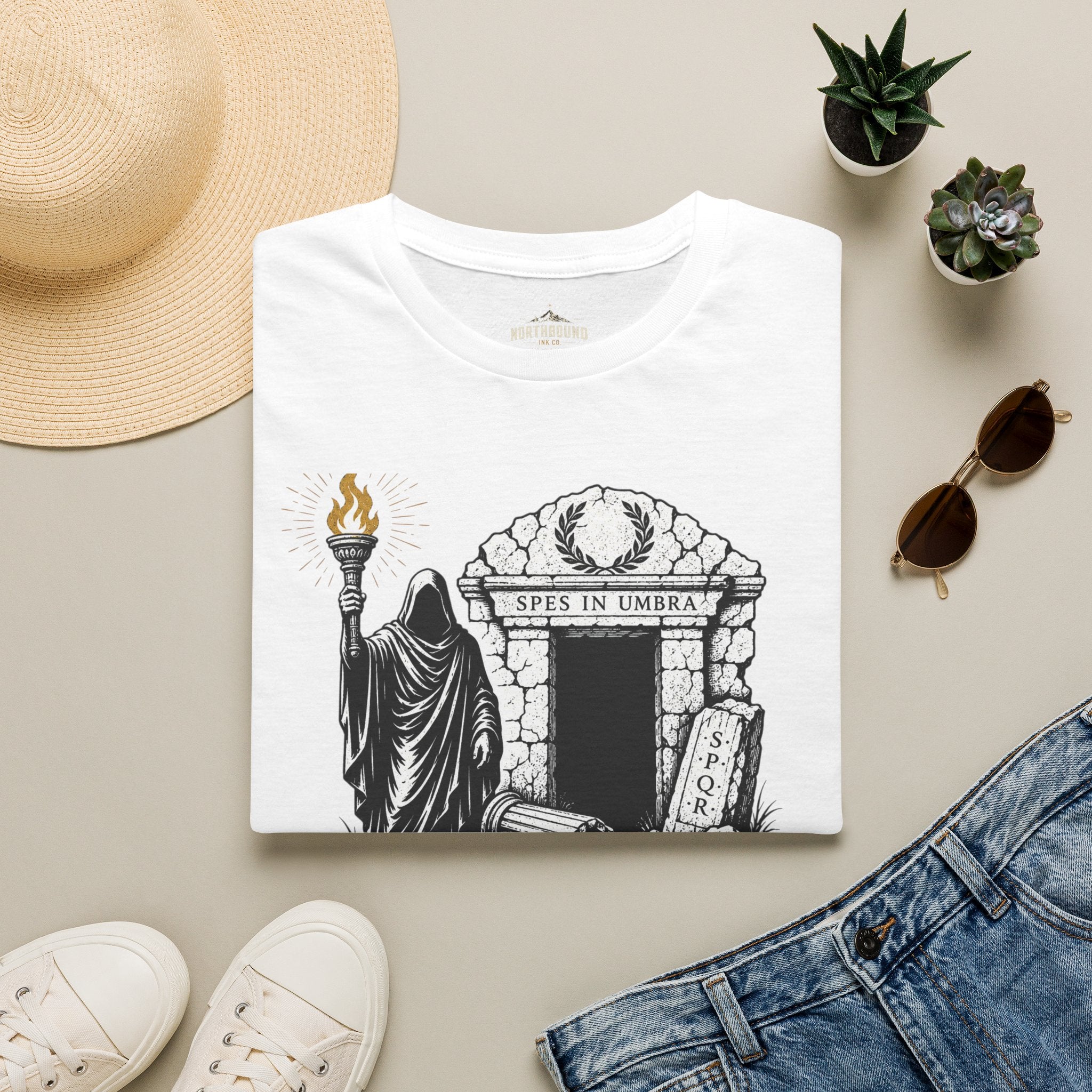 Gothic 'The Shadow Follows' T-Shirt — Cloaked Figure & Tombstone Design
