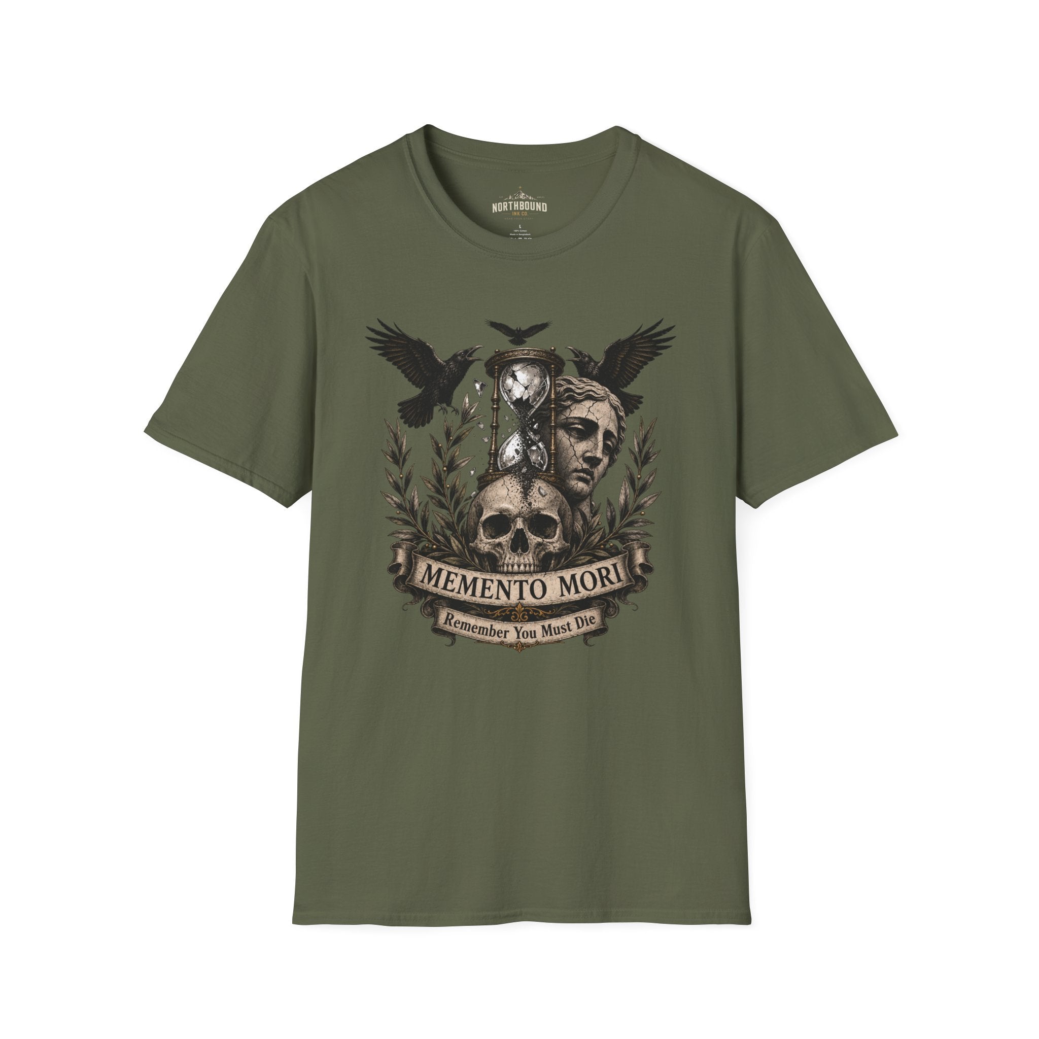 Memento Mori T-Shirt — Hourglass Statue & Ravens Vintage Death Awareness Tee