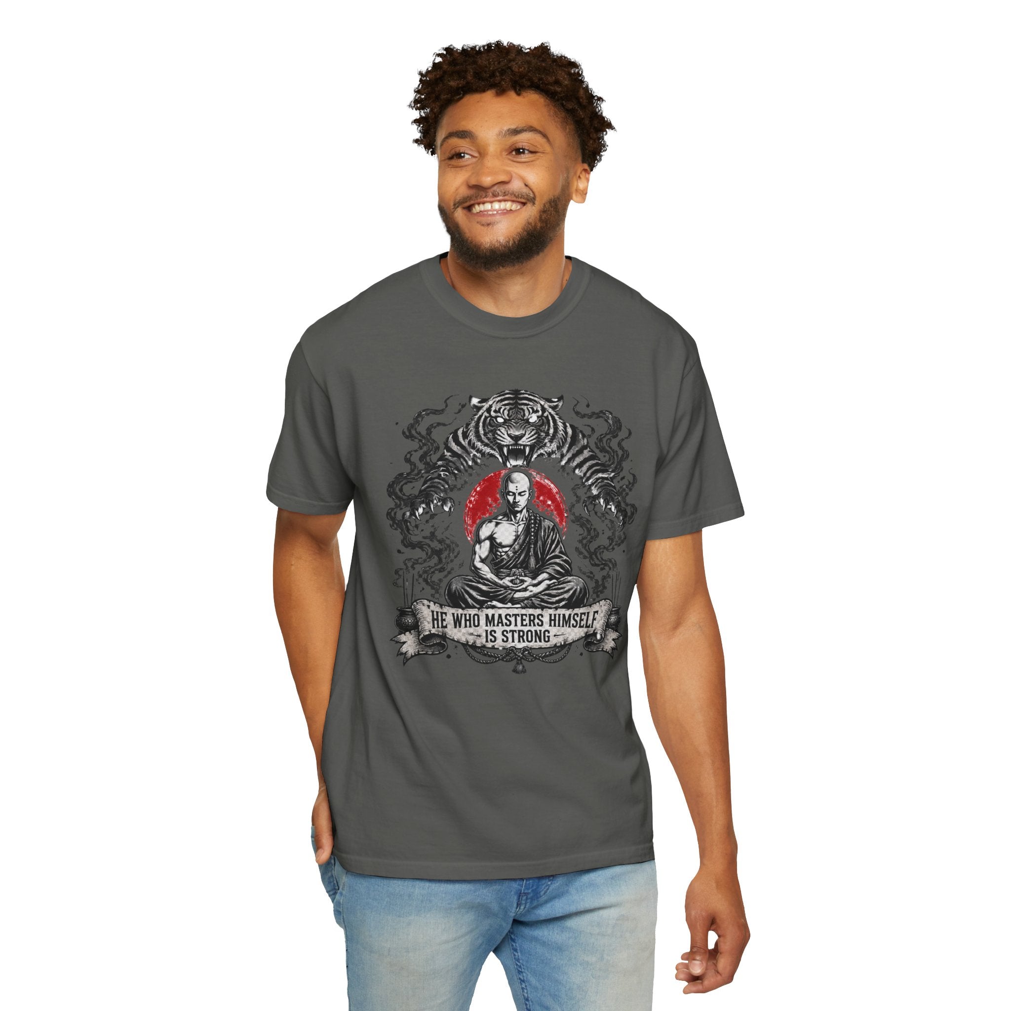 Meditation Tiger T-Shirt — "He Who Masters Himself is Strong" Zen Graphic Tee