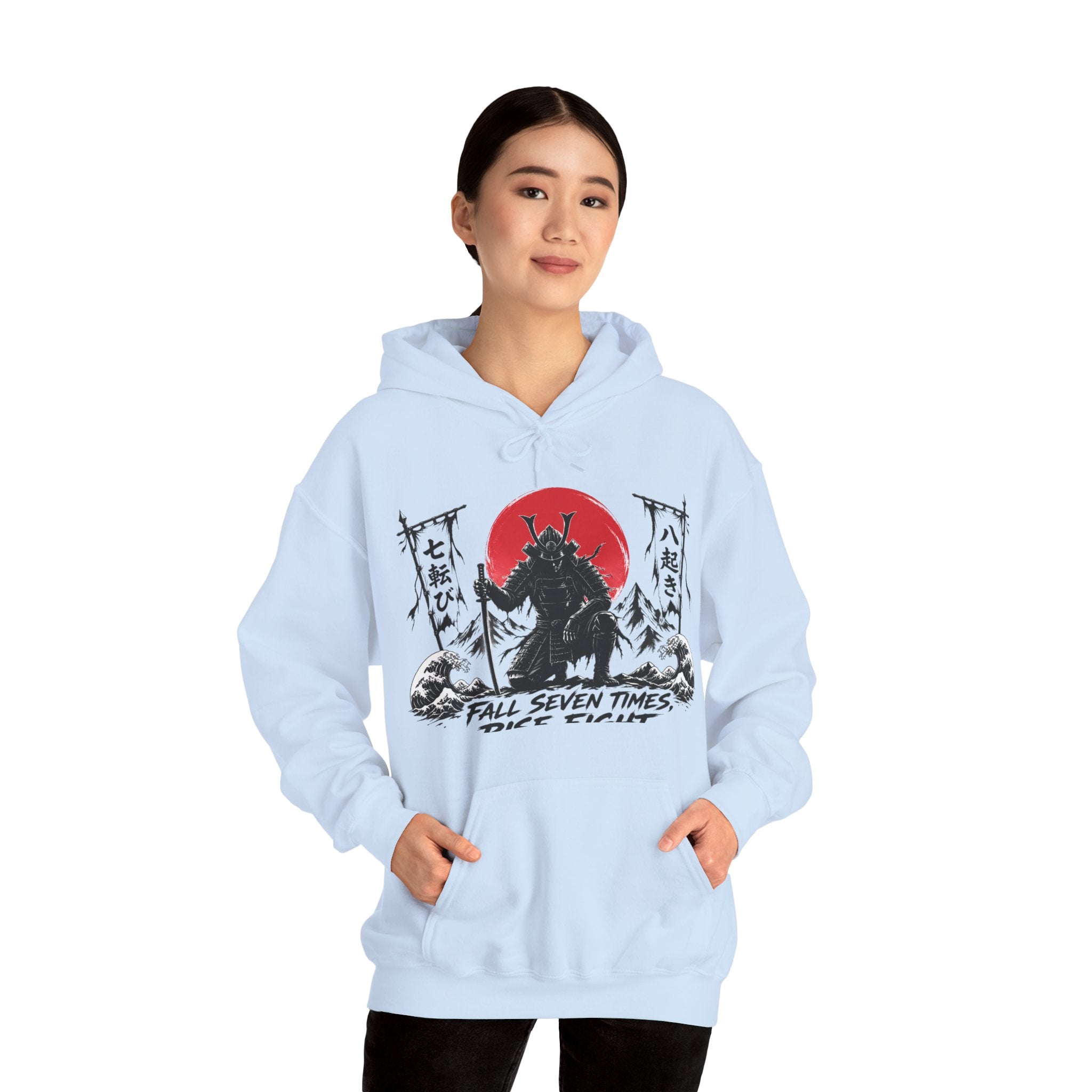 Hoodie — Samurai Wolf Graphic "Fall Seven Times, Rise Eight" Japanese Sunrise