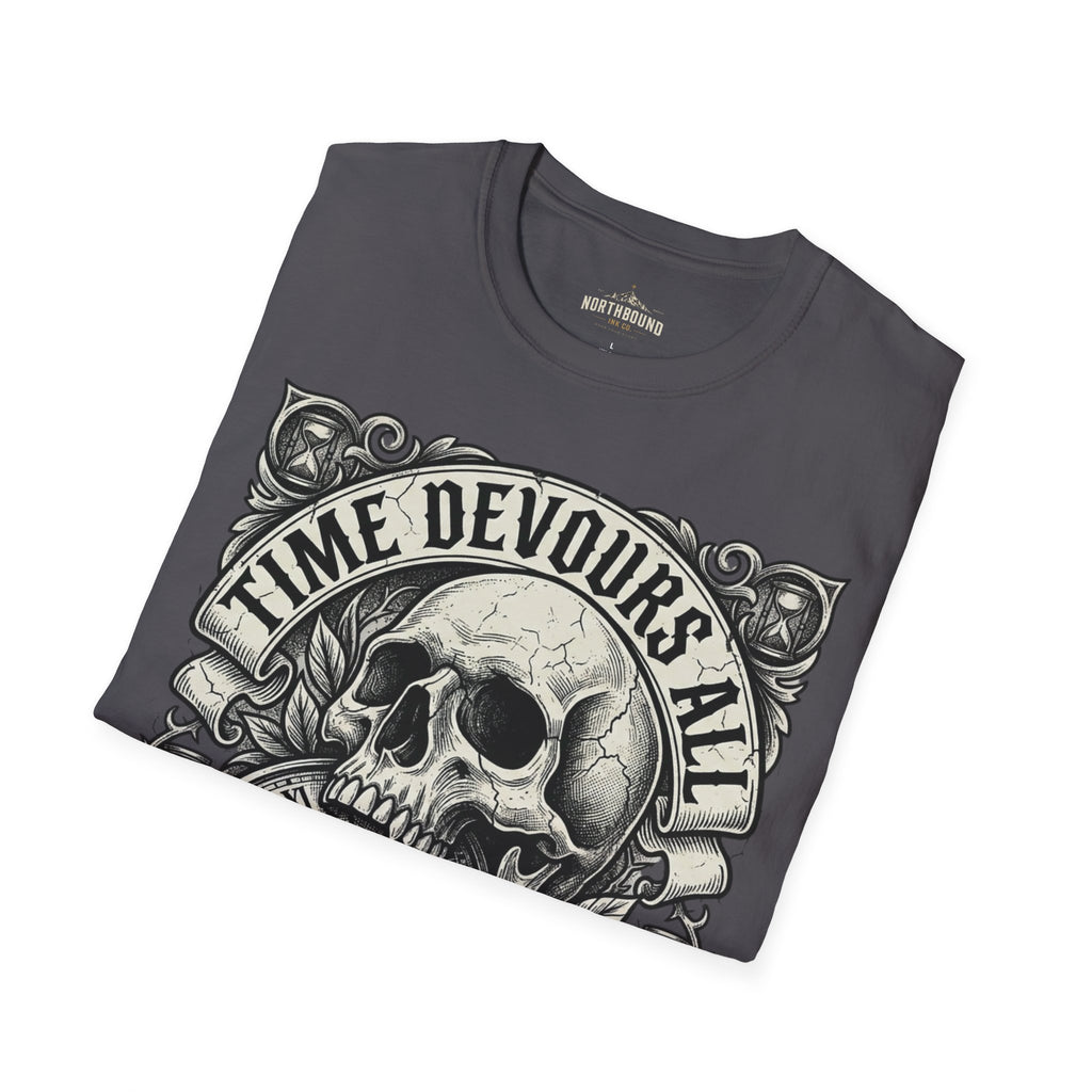 Time Devours All Skull T-Shirt – Vintage Gothic Skull & Pocket Watch Tee