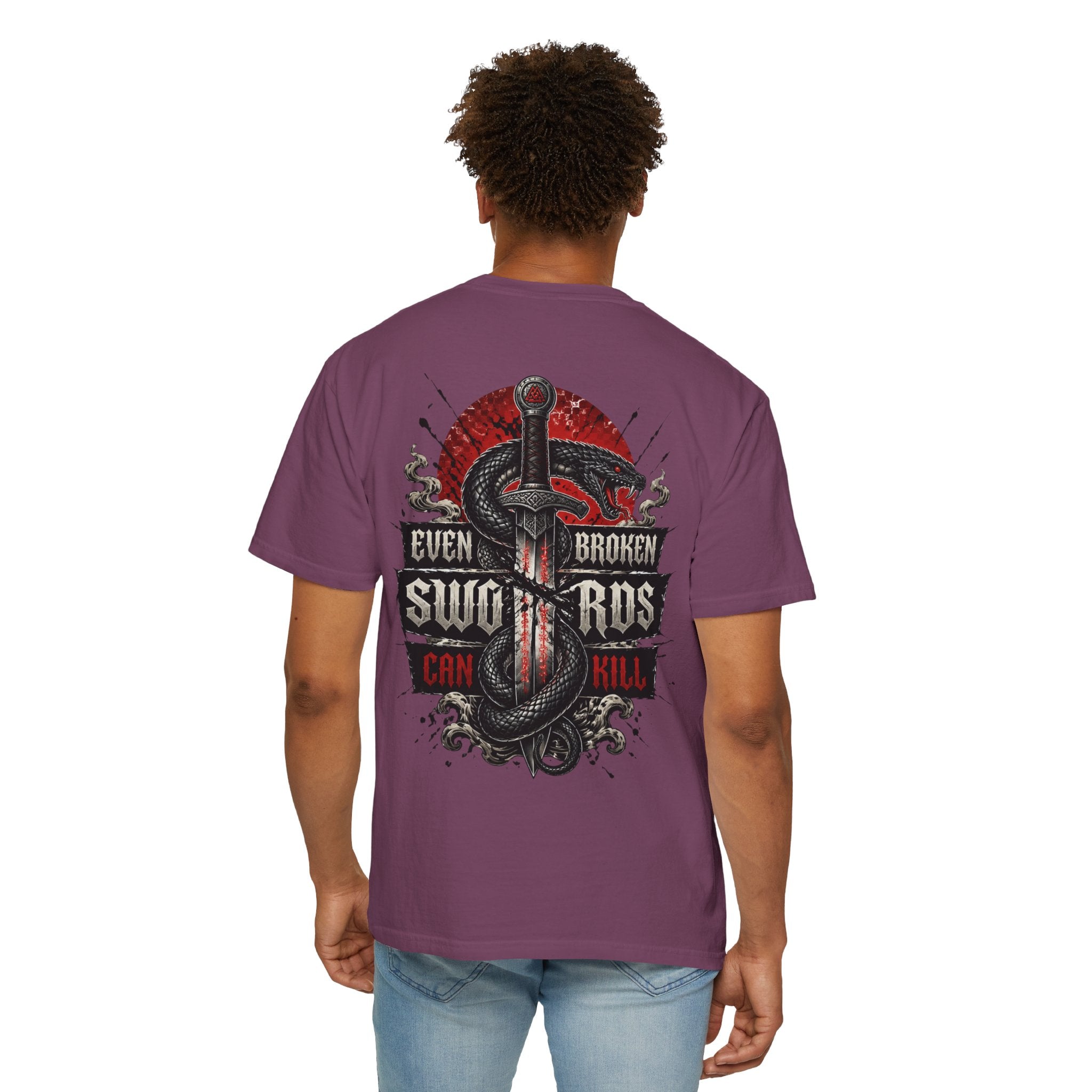 Graphic T-Shirt — "Even Broken Swords Can Kill" Snake & Dagger Back Print