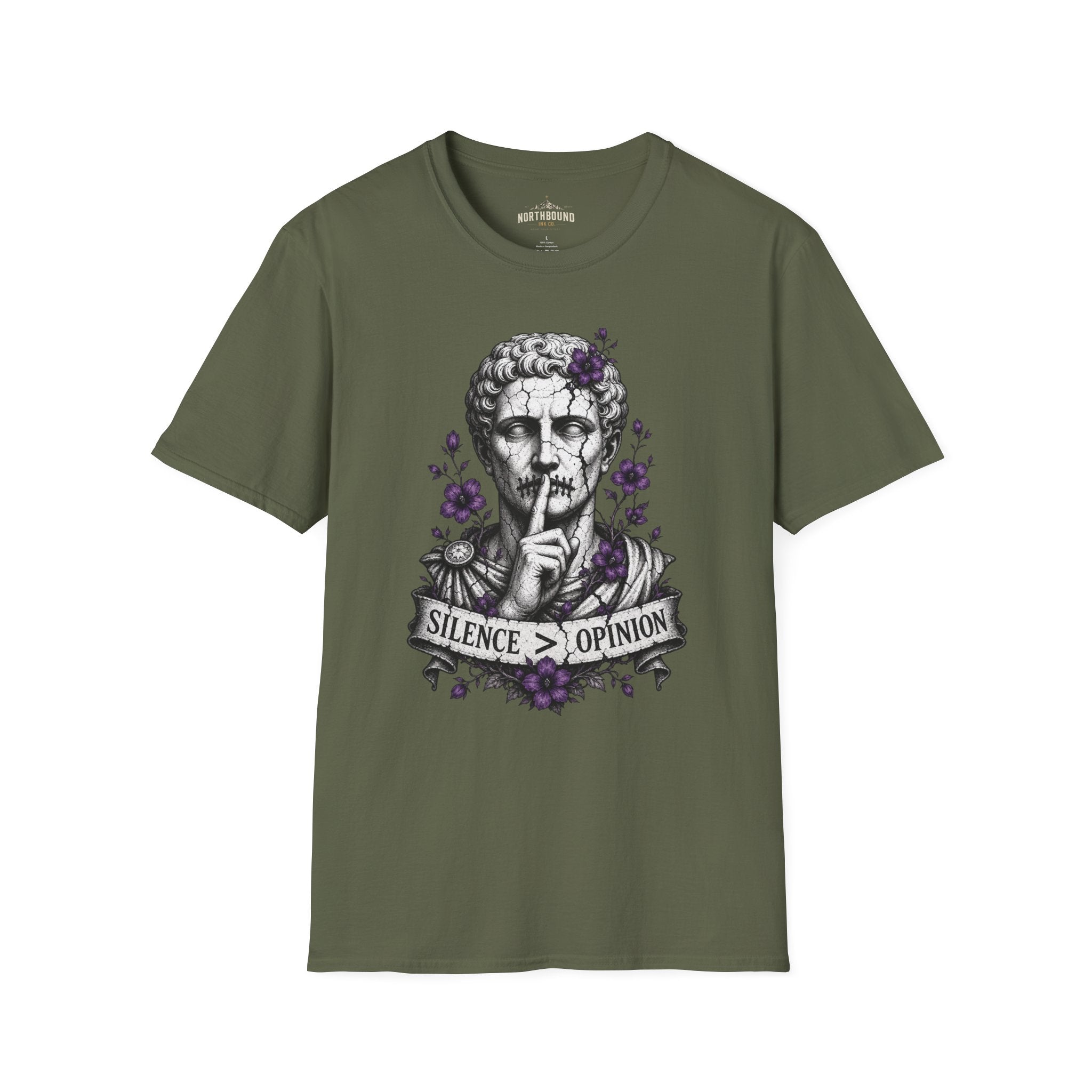 Statue 'Silence Is Opinion' T-Shirt — Gothic Floral Graphic Tee