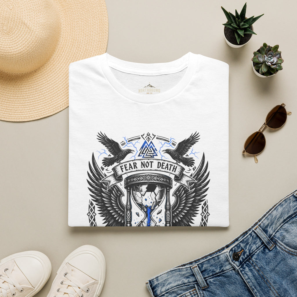 Fear Not Death T‑Shirt — Viking Hourglass Shield Design