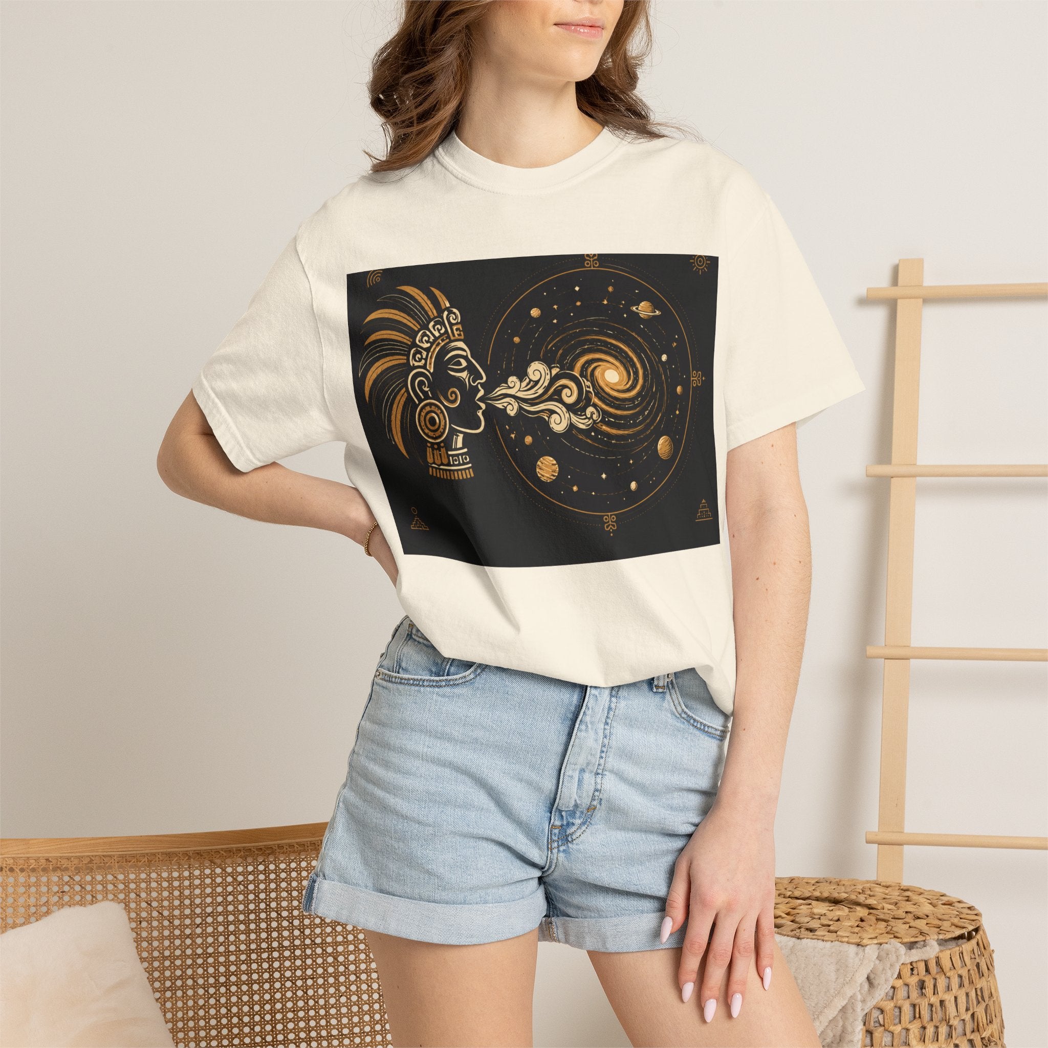 Cosmic Aztec Breath T-Shirt — Golden Galaxy Illustration