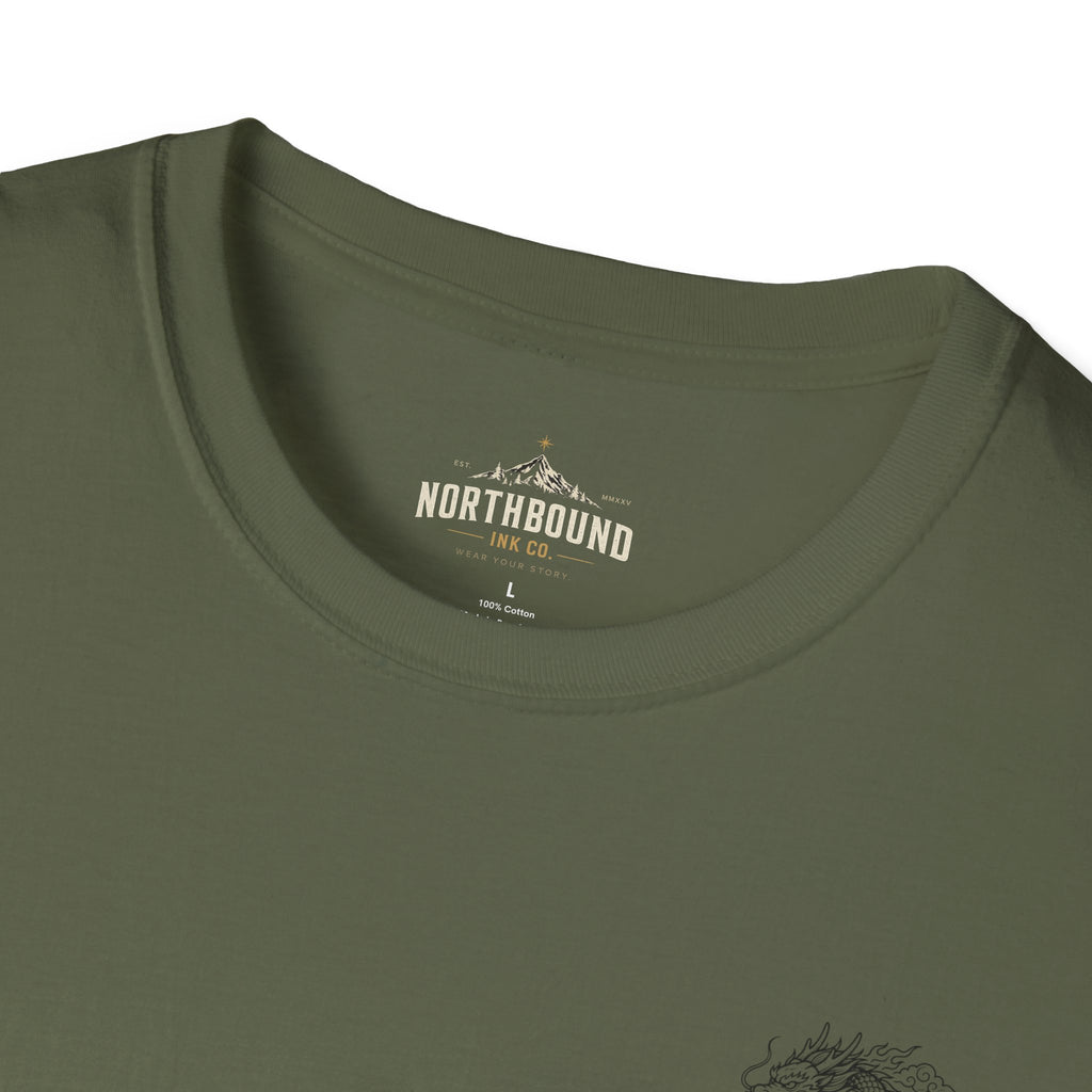 Dragon Crest Pocket T-Shirt — Small Intricate Dragon Chest Graphic