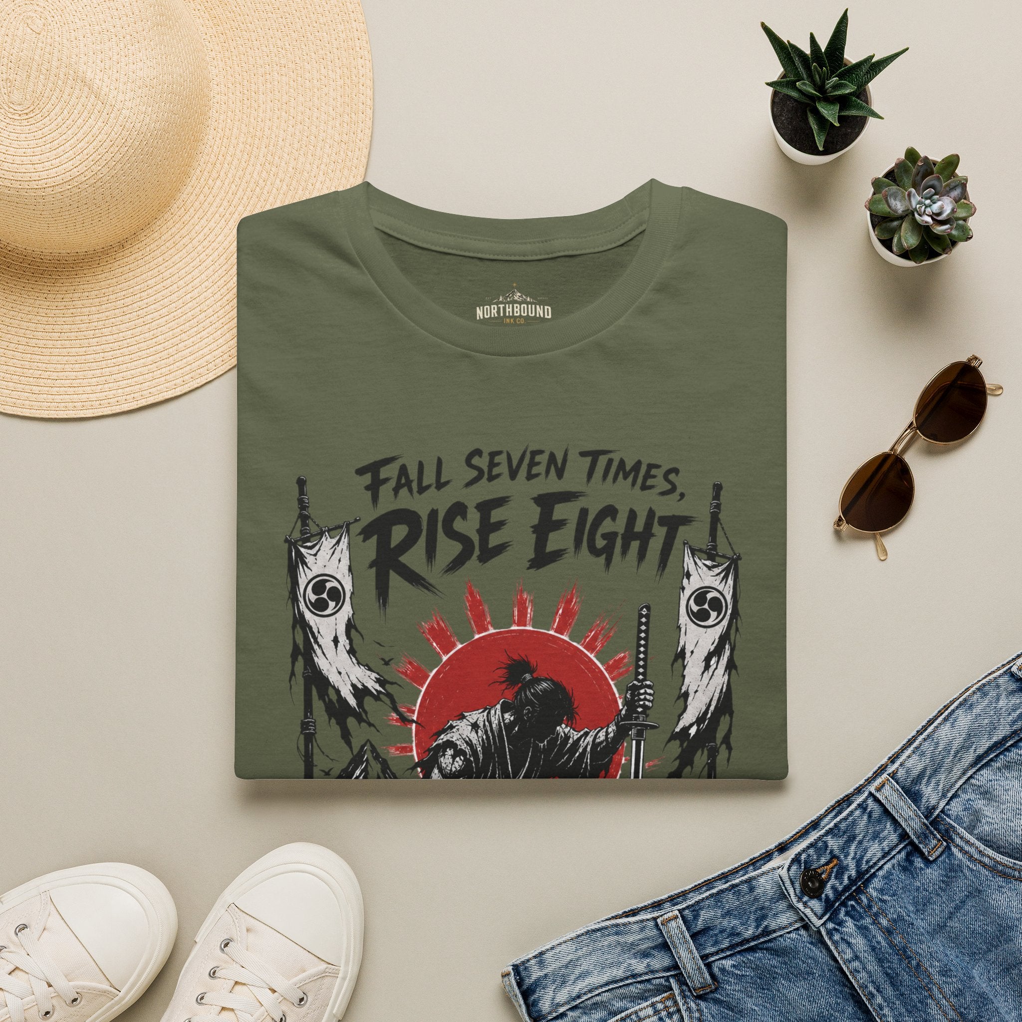 Rise Eight T-Shirt — Fall Seven Times Inspirational Samurai Graphic Tee