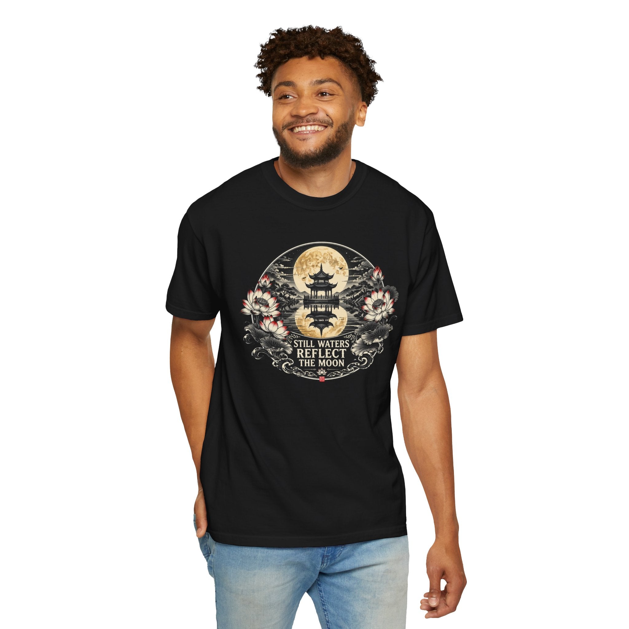 Still Waters Reflect the Moon T-Shirt — Zen Pagoda Moon Graphic Tee