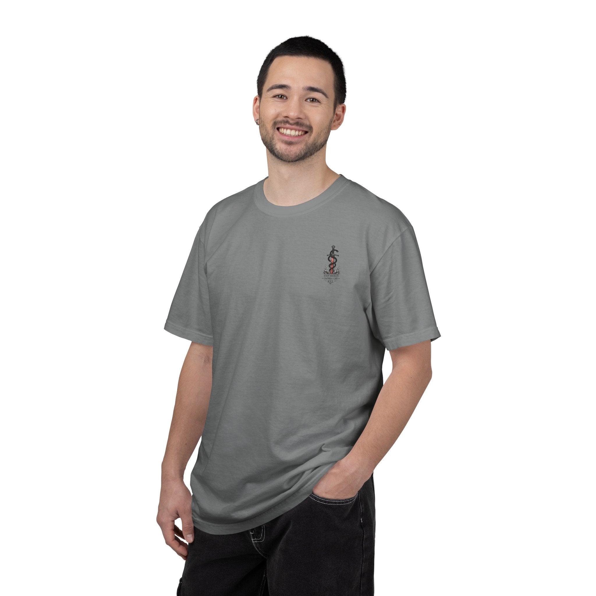 Graphic T-Shirt — 'Even Broken Swords Can Kill' Snake & Sword Back Print