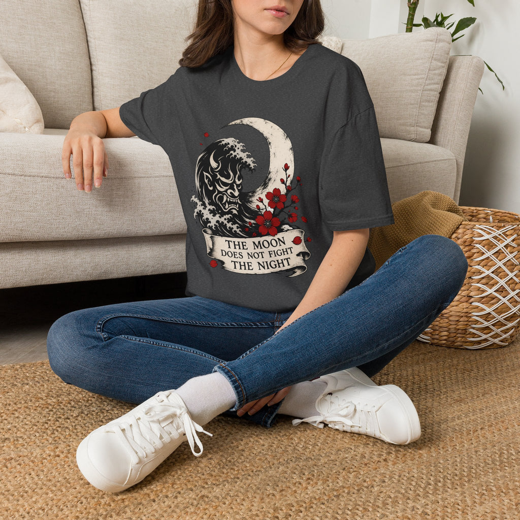 Moon & Wave Graphic T-Shirt — “The Moon Does Not Fight The Night” Inspirational Tee