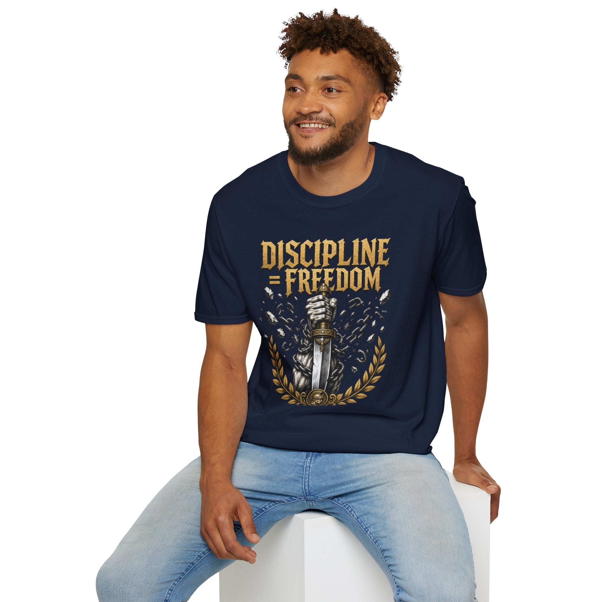 Discipline = Freedom T-Shirt — Motivational Sword & Fist Design