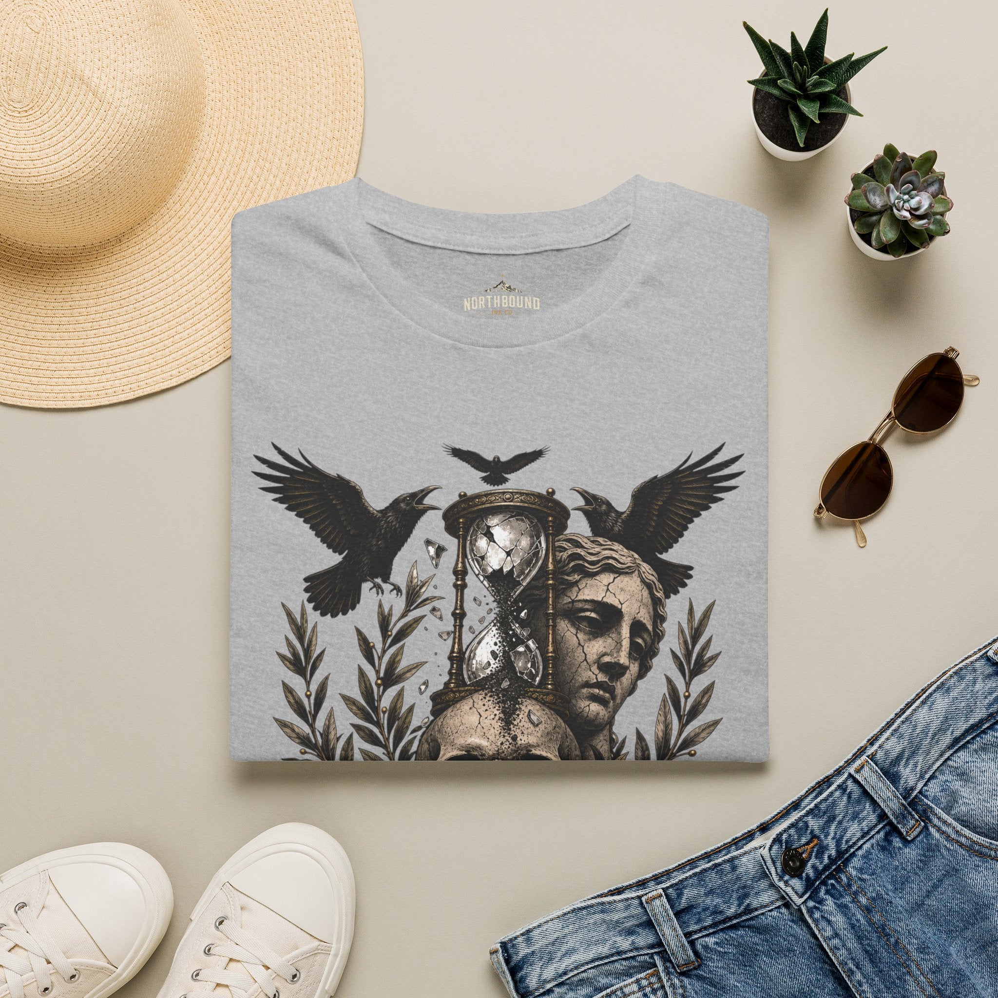 Memento Mori T-Shirt — Hourglass Statue & Ravens Vintage Death Awareness Tee