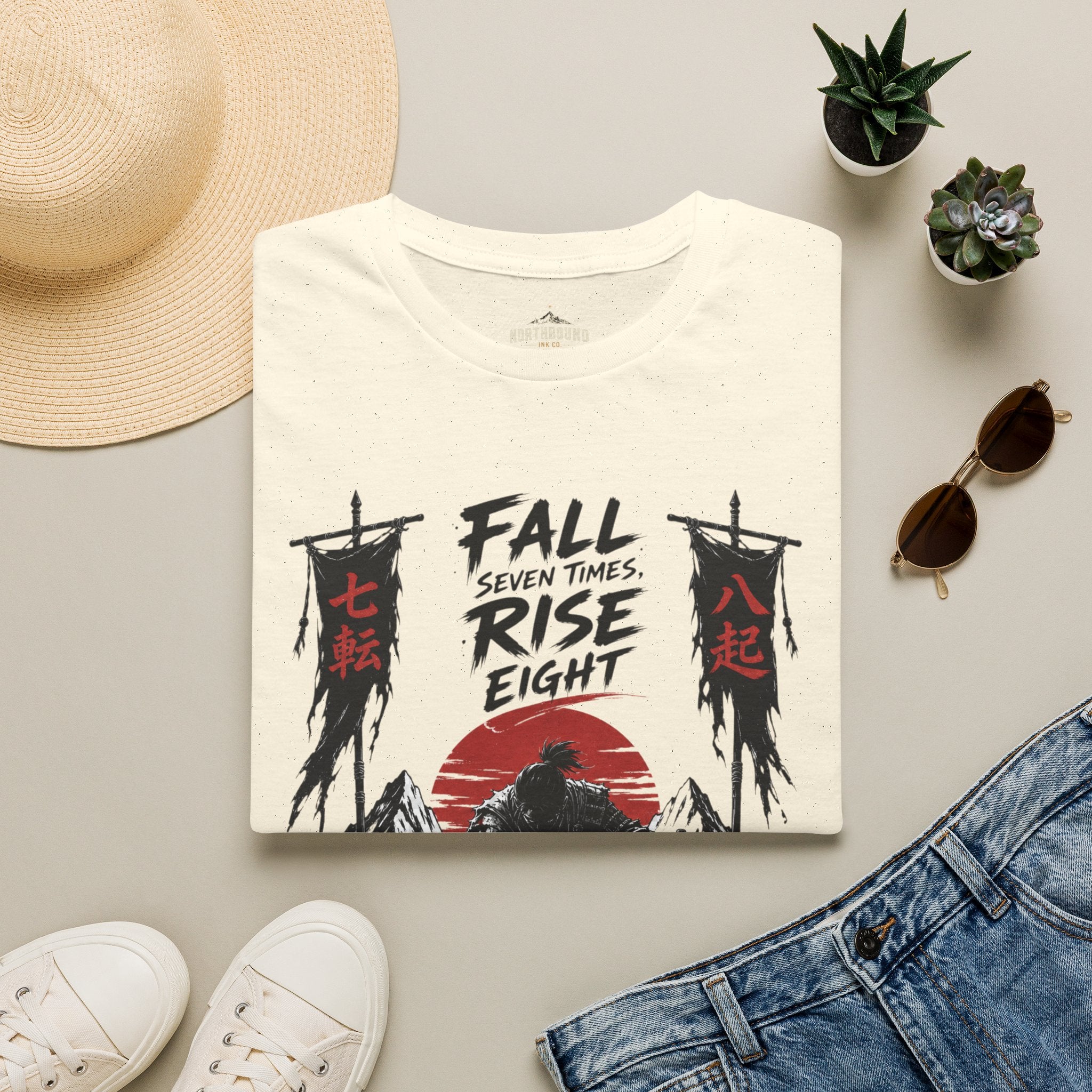 T-Shirt — “Fall Seven Times, Rise Eight” Samurai Graphic Tee