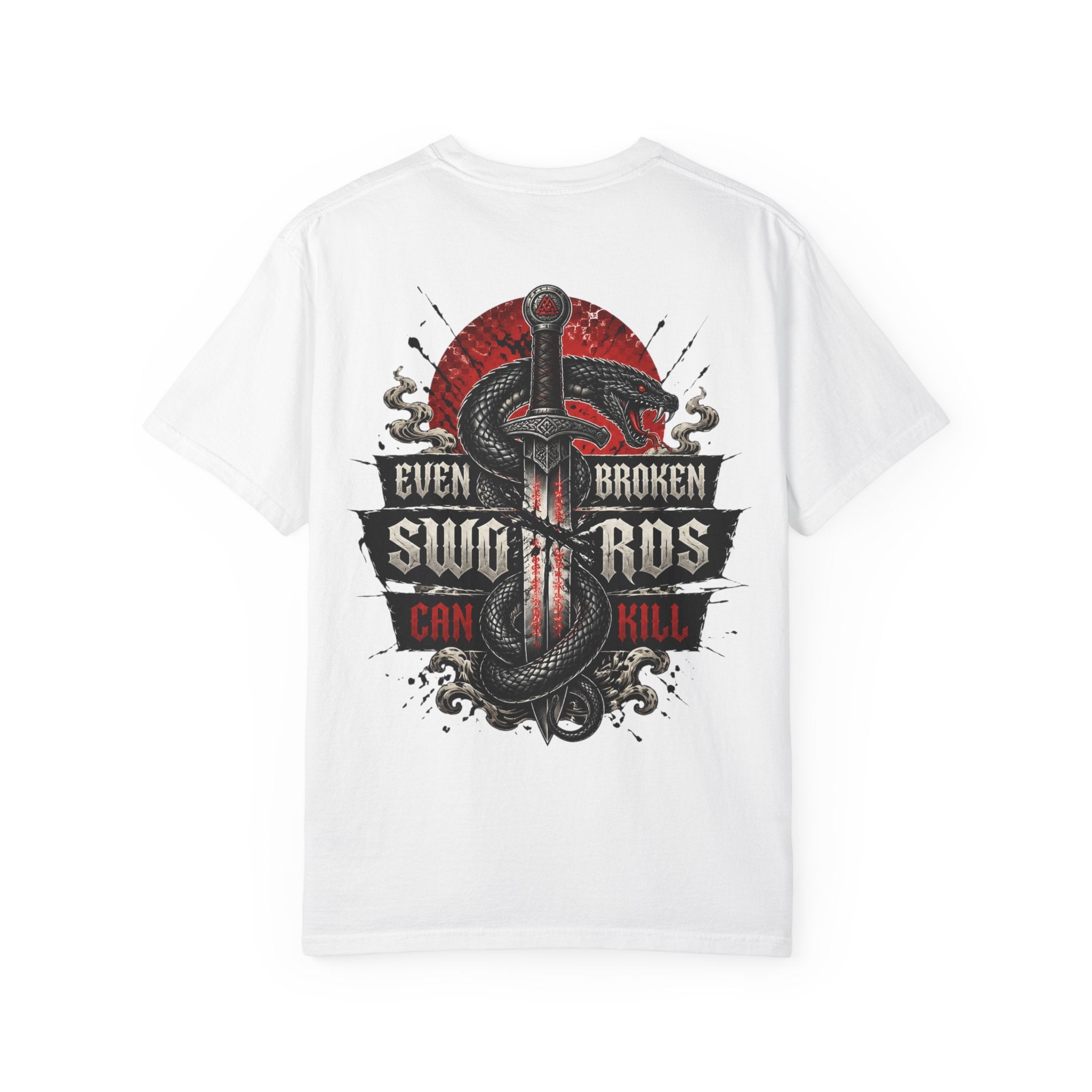 Graphic T-Shirt — "Even Broken Swords Can Kill" Snake & Dagger Back Print