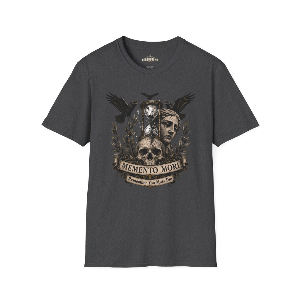 Memento Mori T-Shirt — Hourglass Statue & Ravens Vintage Death Awareness Tee