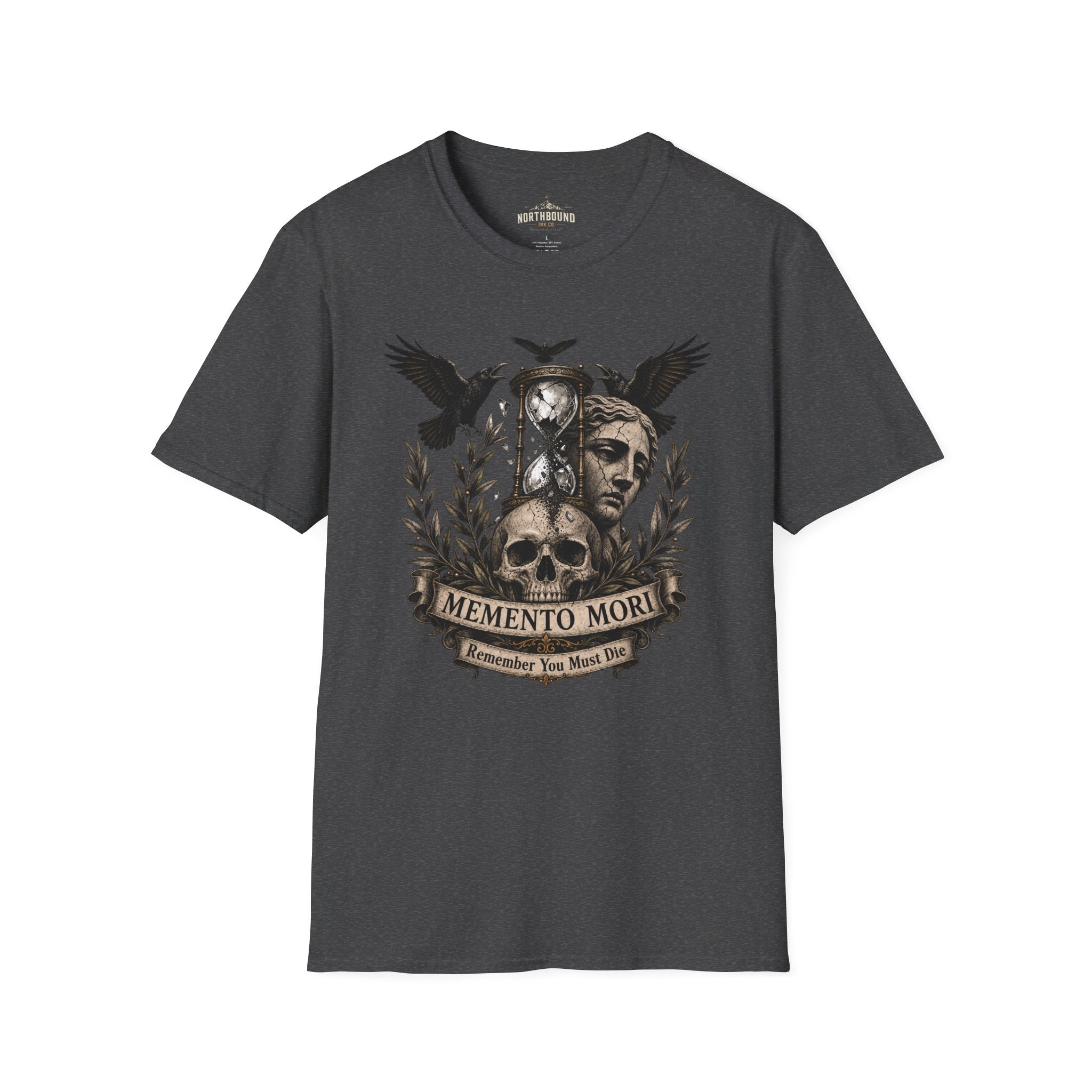 Memento Mori T-Shirt — Hourglass Statue & Ravens Vintage Death Awareness Tee