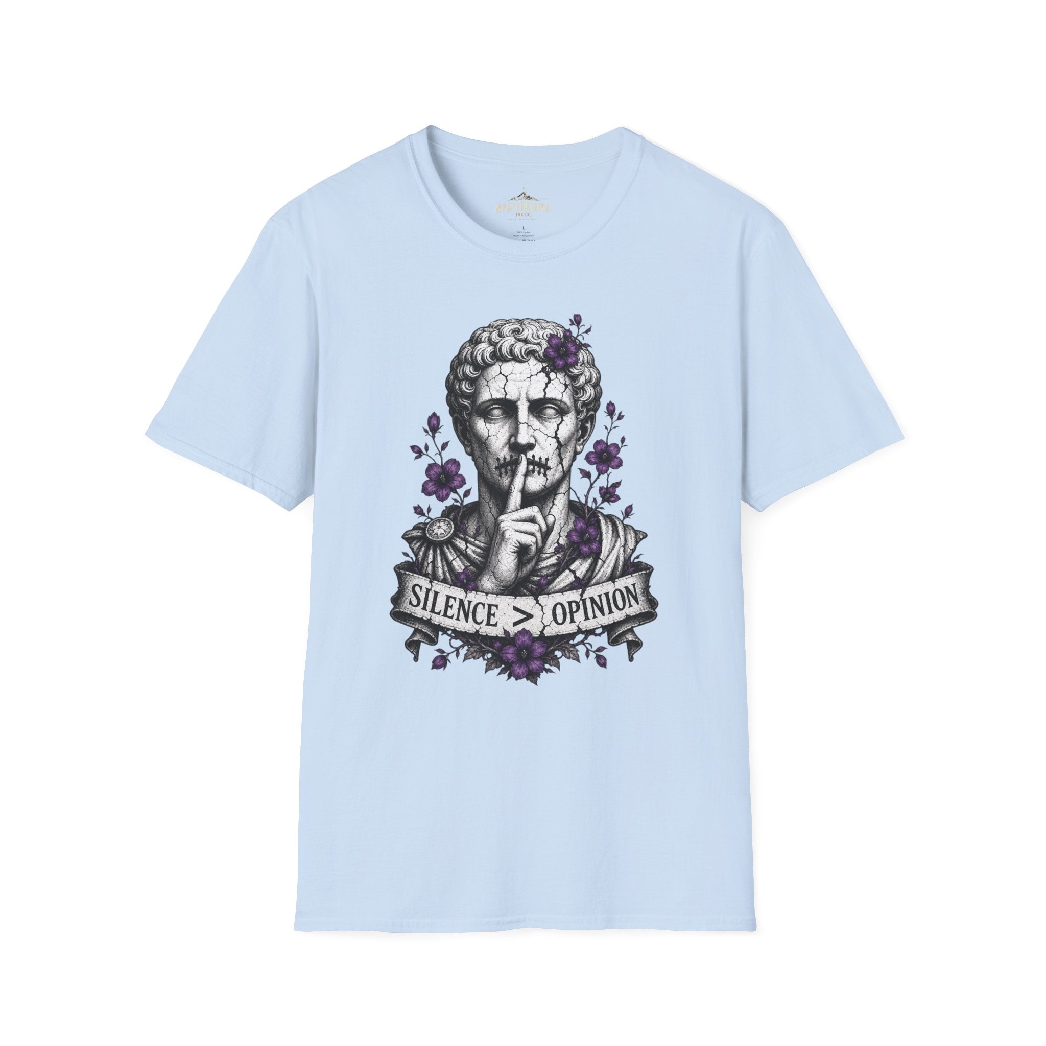 Statue 'Silence Is Opinion' T-Shirt — Gothic Floral Graphic Tee