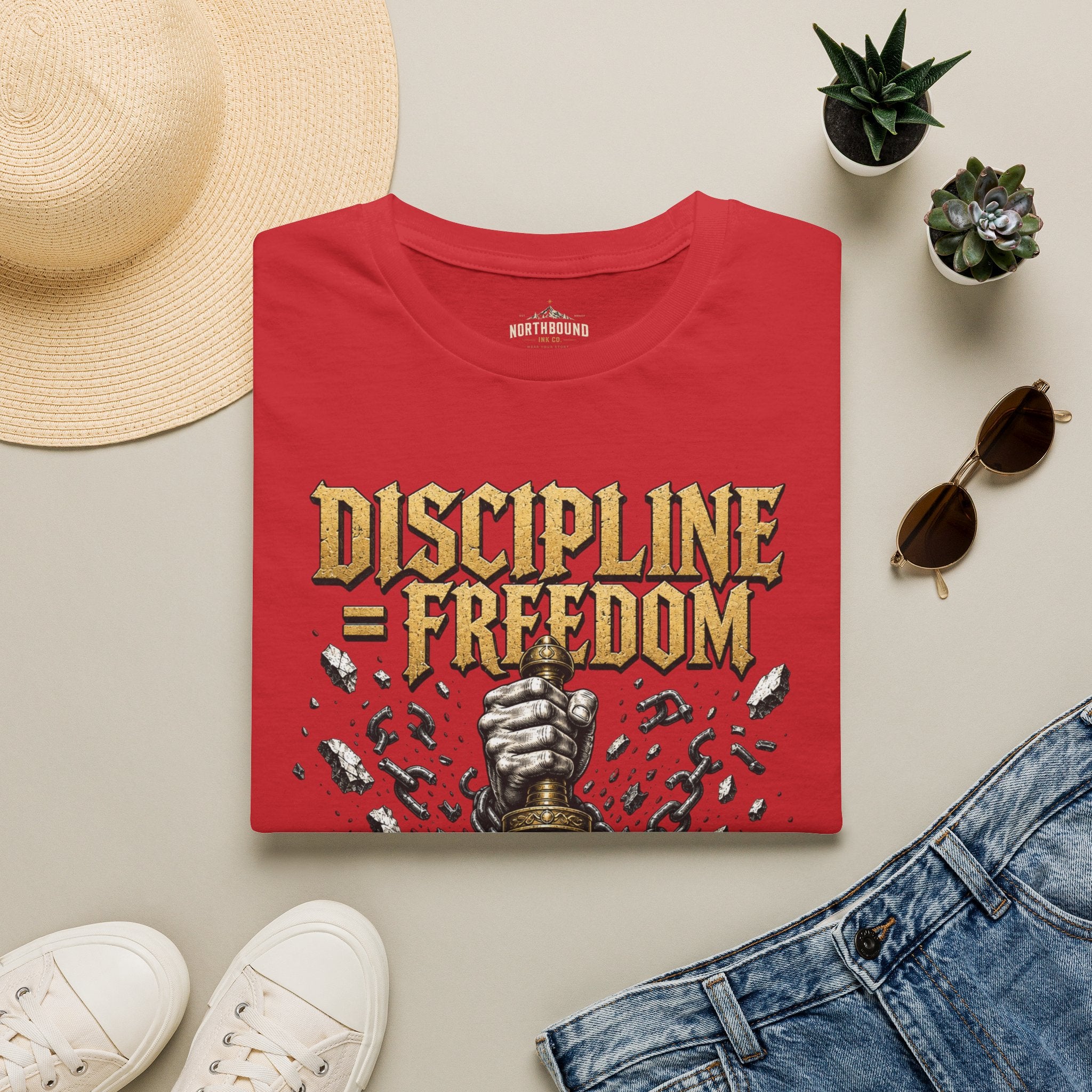 Discipline = Freedom T-Shirt — Motivational Sword & Fist Design