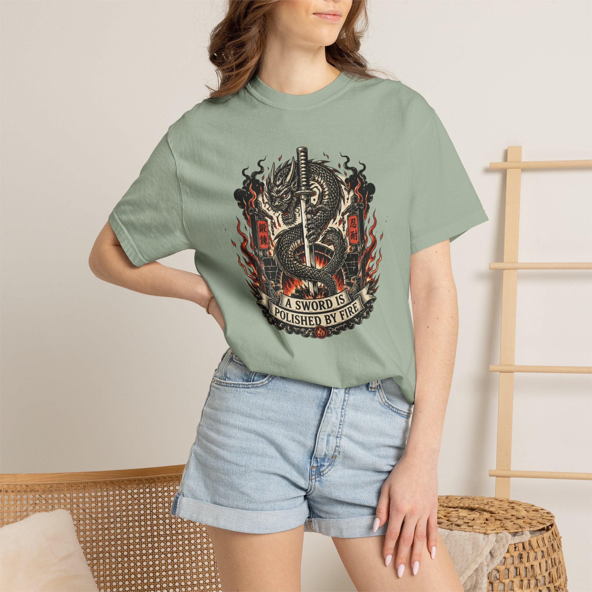 Sword & Flame Graphic T-Shirt — "A Sword Is Polished By Fire"