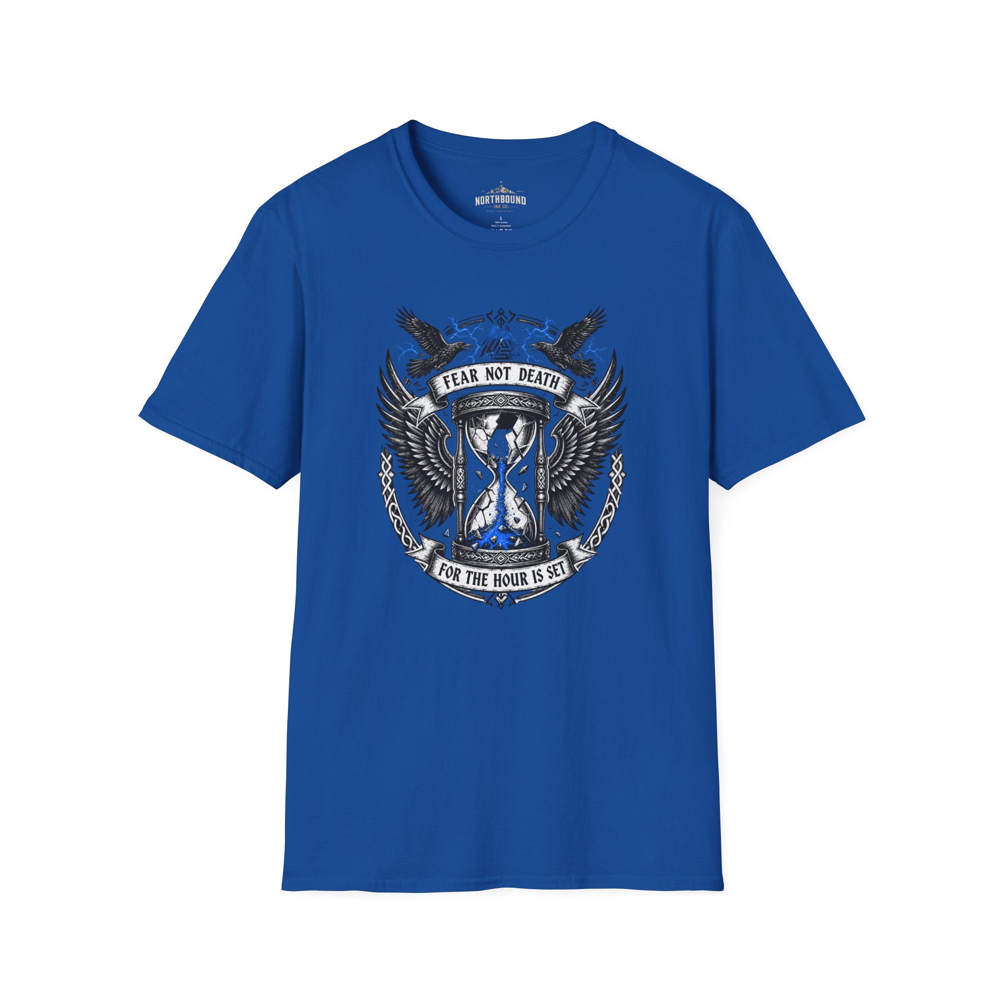 Fear Not Death T‑Shirt — Viking Hourglass Shield Design