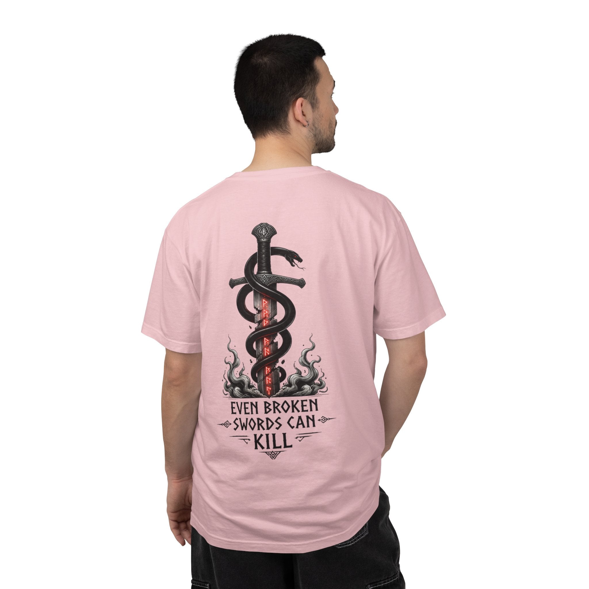 Graphic T-Shirt — 'Even Broken Swords Can Kill' Snake & Sword Back Print