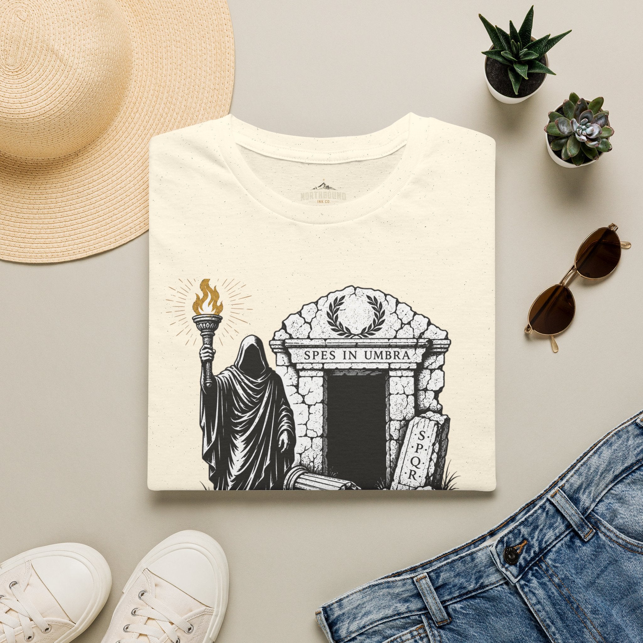 Gothic 'The Shadow Follows' T-Shirt — Cloaked Figure & Tombstone Design