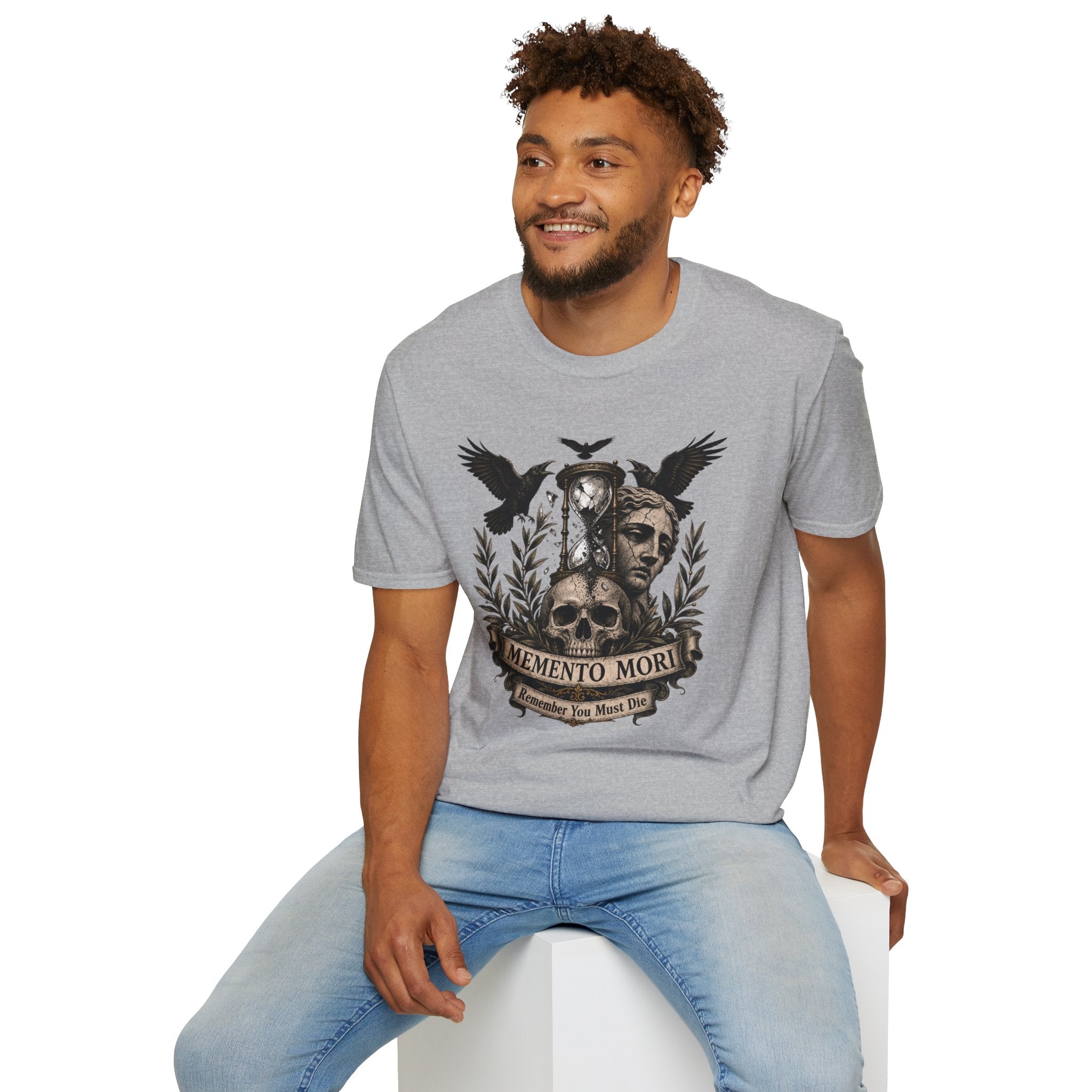Memento Mori T-Shirt — Hourglass Statue & Ravens Vintage Death Awareness Tee