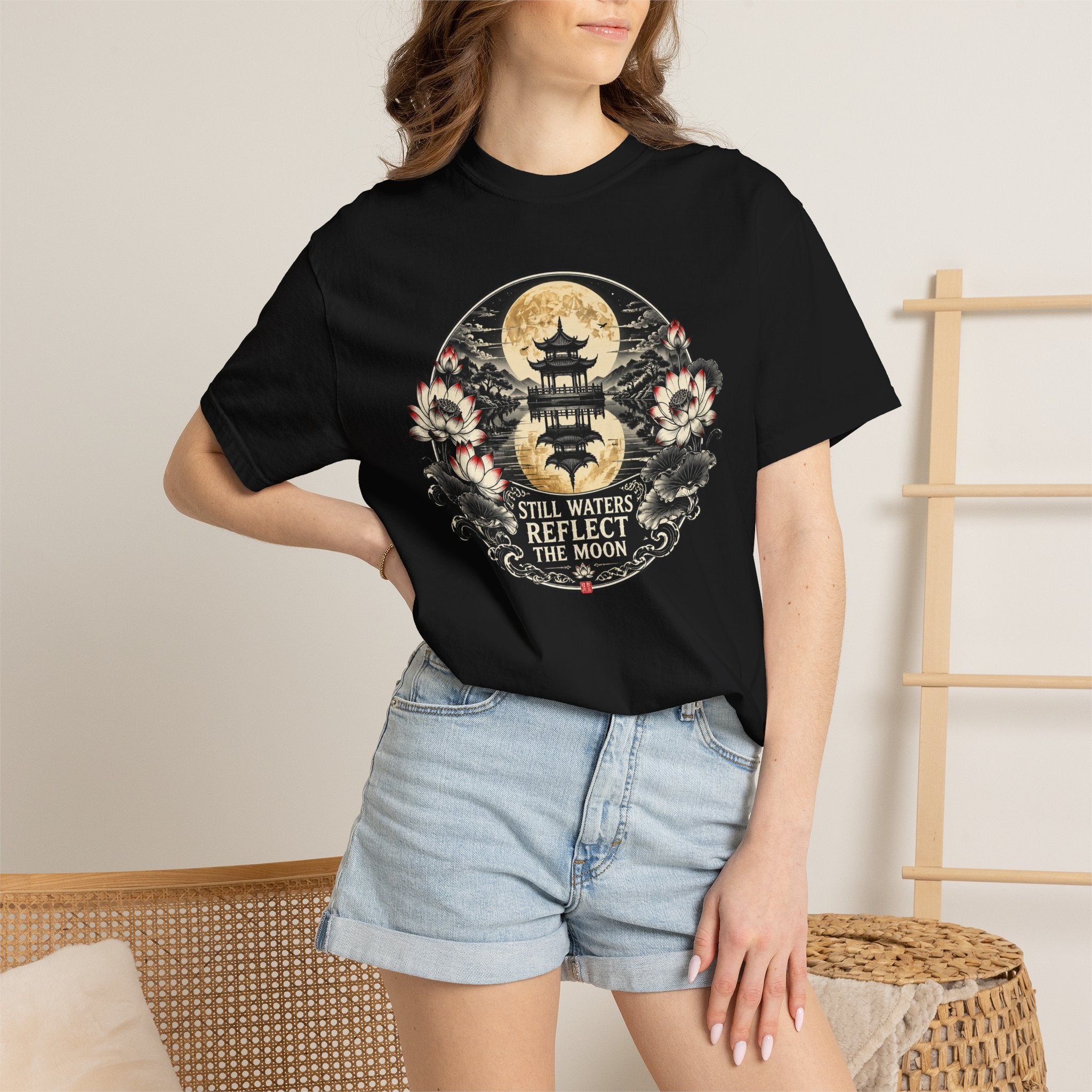 Still Waters Reflect the Moon T-Shirt — Zen Pagoda Moon Graphic Tee