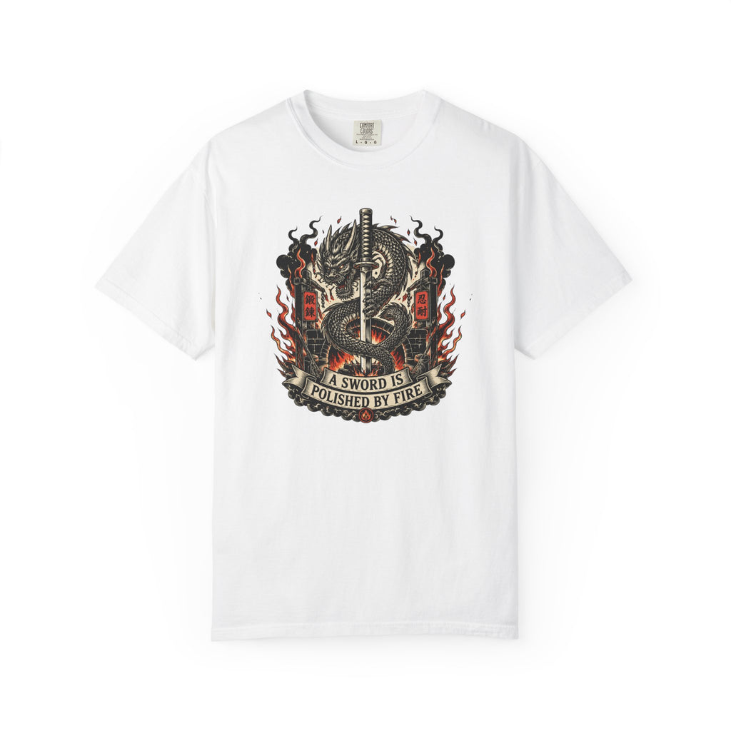 Sword & Flame Graphic T-Shirt — "A Sword Is Polished By Fire"