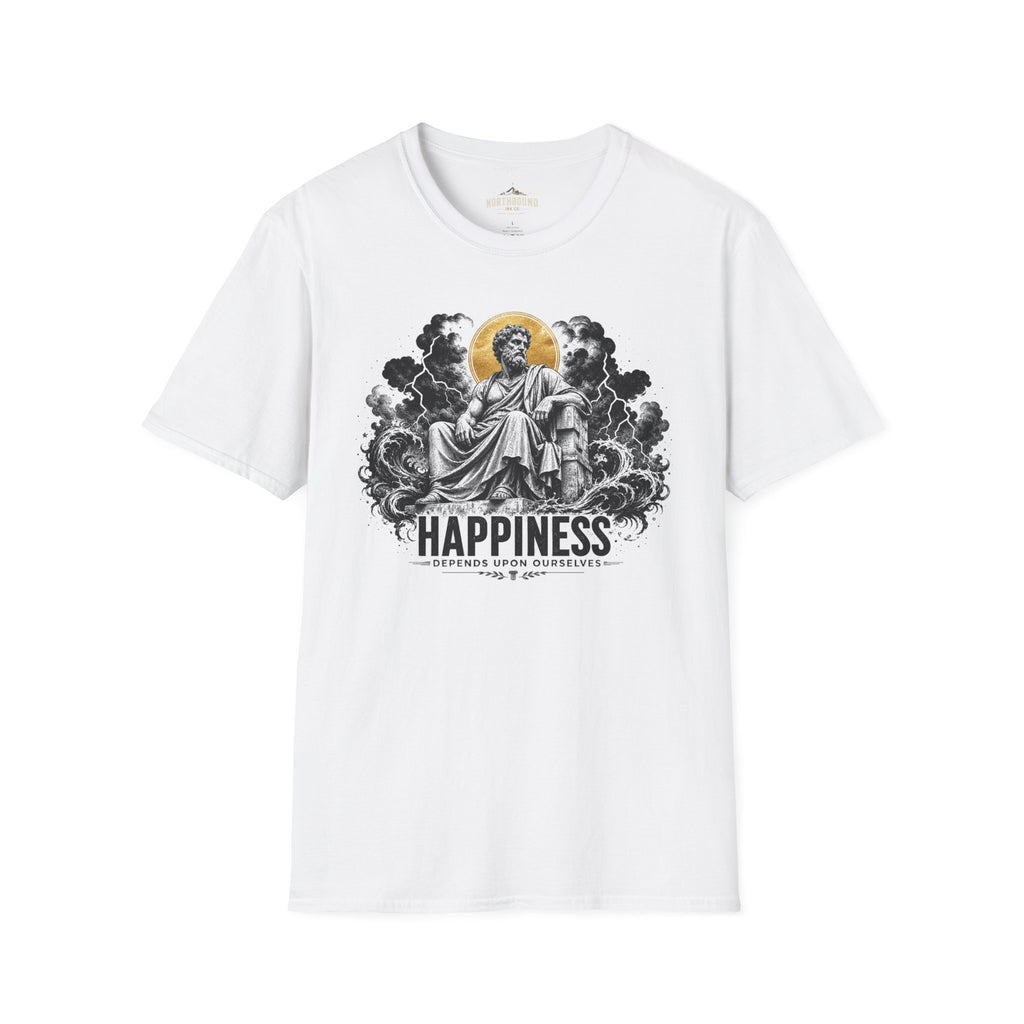 T-Shirt — 'HAPPINESS' Vintage Saint Illustration Tee (Gold Halo)