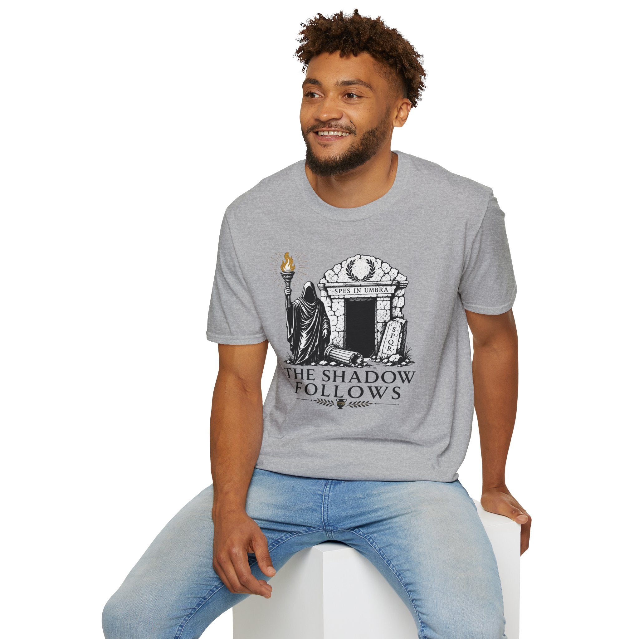 Gothic 'The Shadow Follows' T-Shirt — Cloaked Figure & Tombstone Design